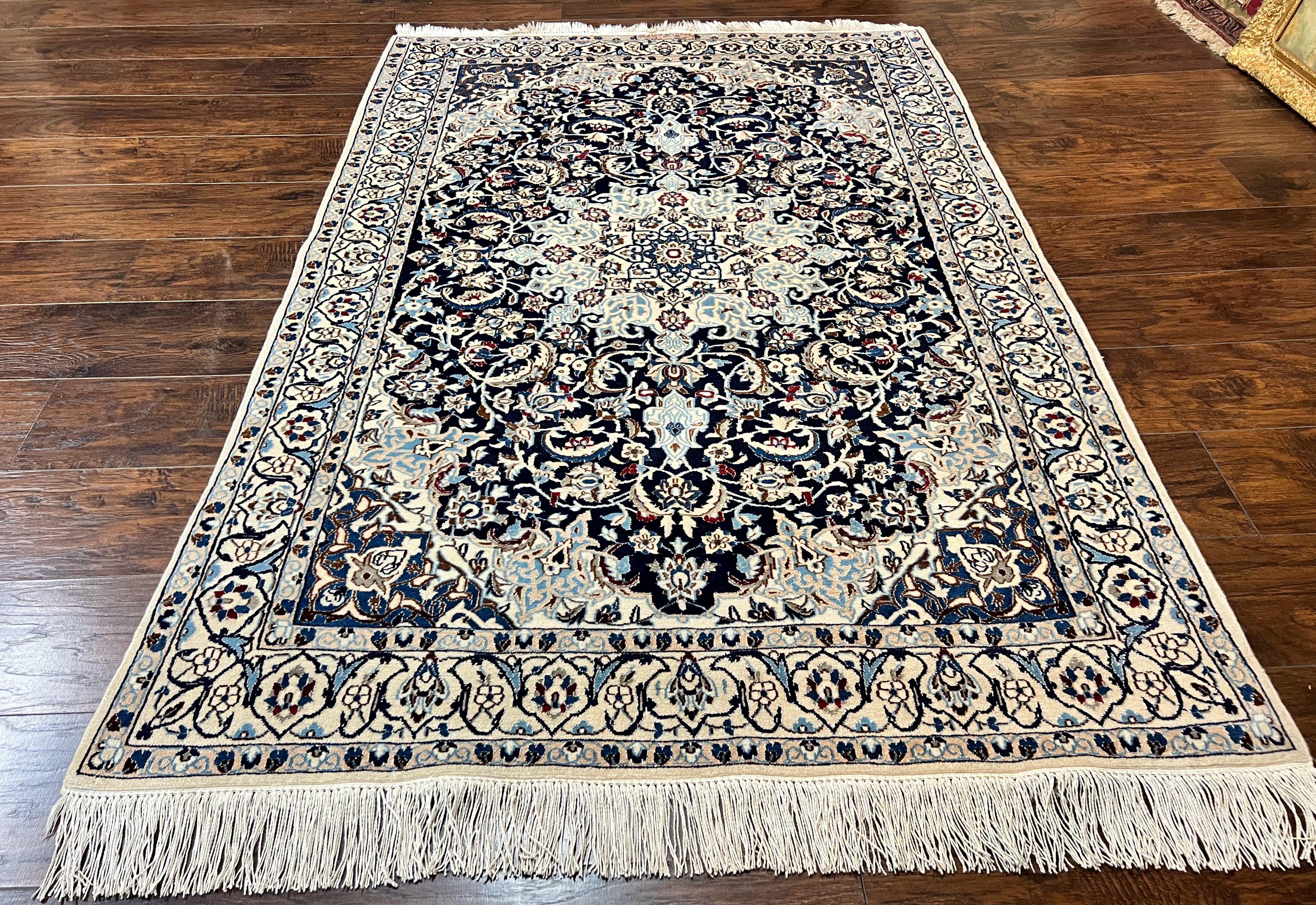 Persian Nain Rug 4x6, Floral, Hand Knotted Vintage Wool & Silk Highlights, Signature from Masterweaver, Navy Blue and Ivory - Jewel Rugs