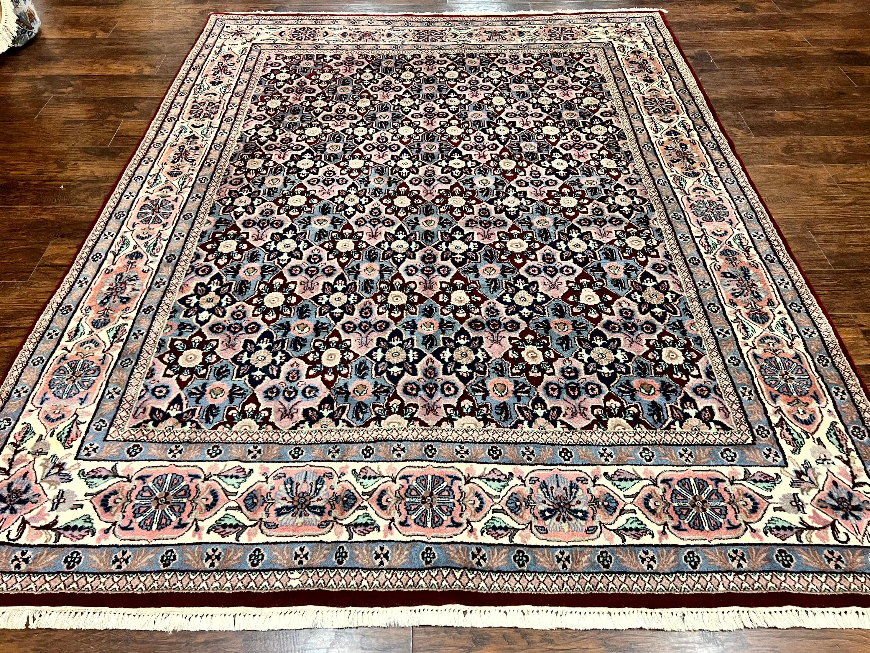 Indo Persian Rug 8x10, Repeated Allover Pattern, Navy Blue Ivory, Handmade Vintage Wool Carpet - Jewel Rugs
