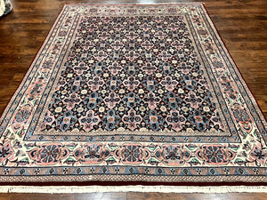 Indo Persian Rug 8x10, Repeated Allover Pattern, Navy Blue Ivory, Handmade Vintage Wool Carpet
