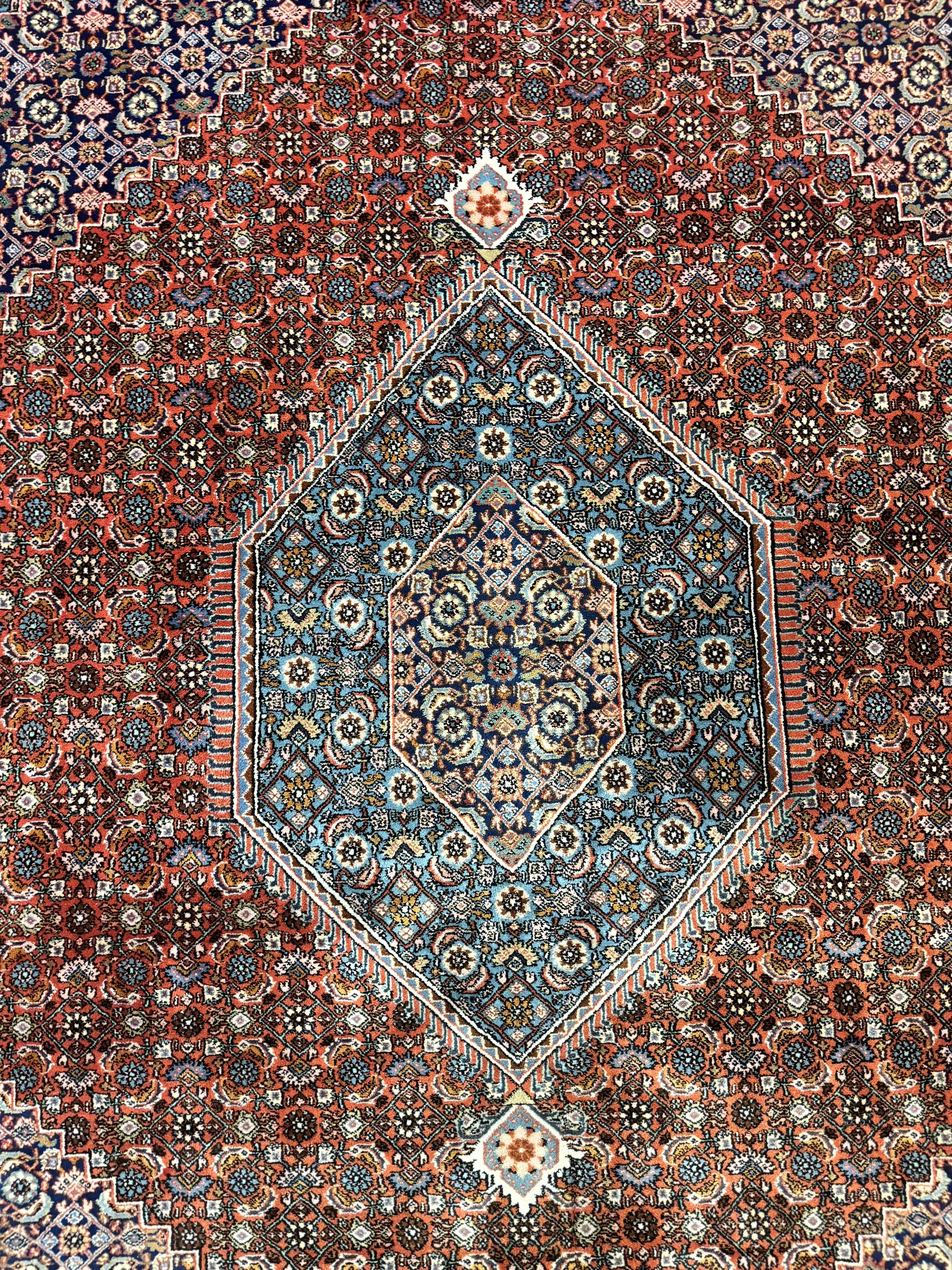 Indo Persian Bidjar Rug 8x10, Red Navy Blue, Herati Mahi Pattern, Vintage Handmade Wool Carpet - Jewel Rugs