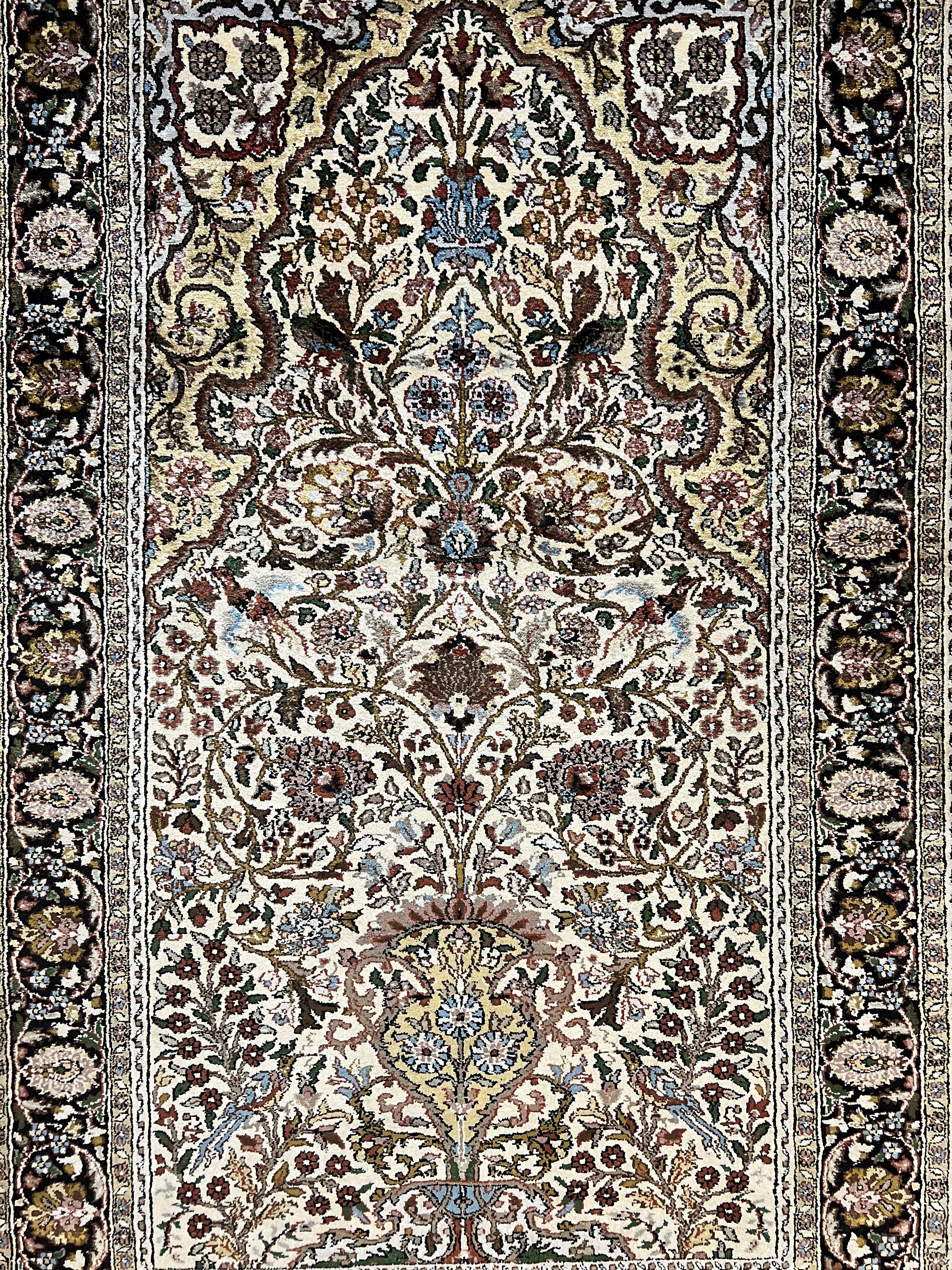 Turkish Kayseri Silk Rug 3x5, Tree of Life Silk Oriental Carpet, Birds Persian Vase Design, Hand Knotted Vintage Fine Rug, 340 KPSI - Jewel Rugs