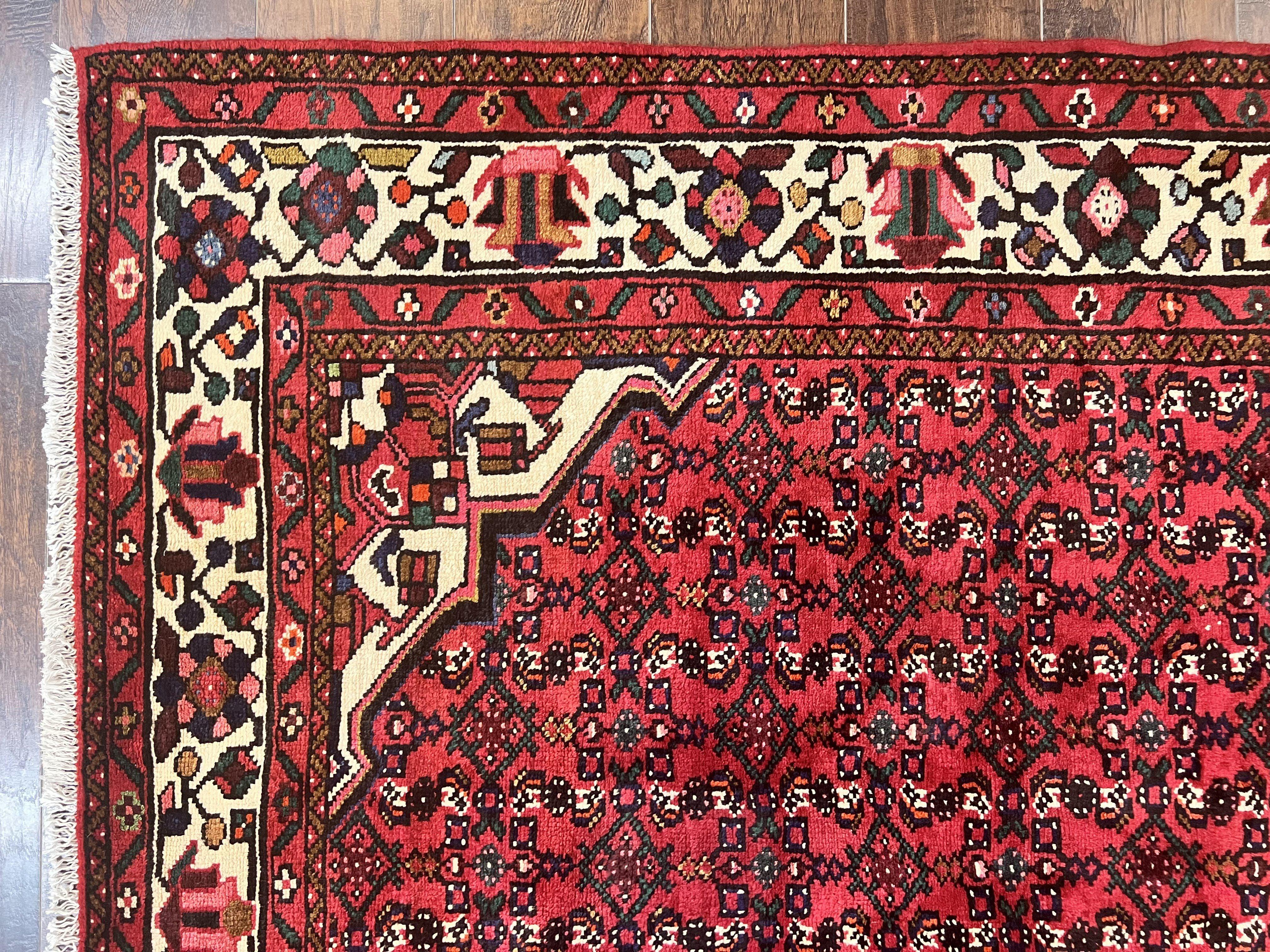 Persian Tribal Rug 7x10, Wool Handmade Semi Antique Vintage Hamadan Dargazine Carpet, Red & Ivory Allover Floral Medallion Rug, 7 x 10 Room Sized Oriental Rug - Jewel Rugs