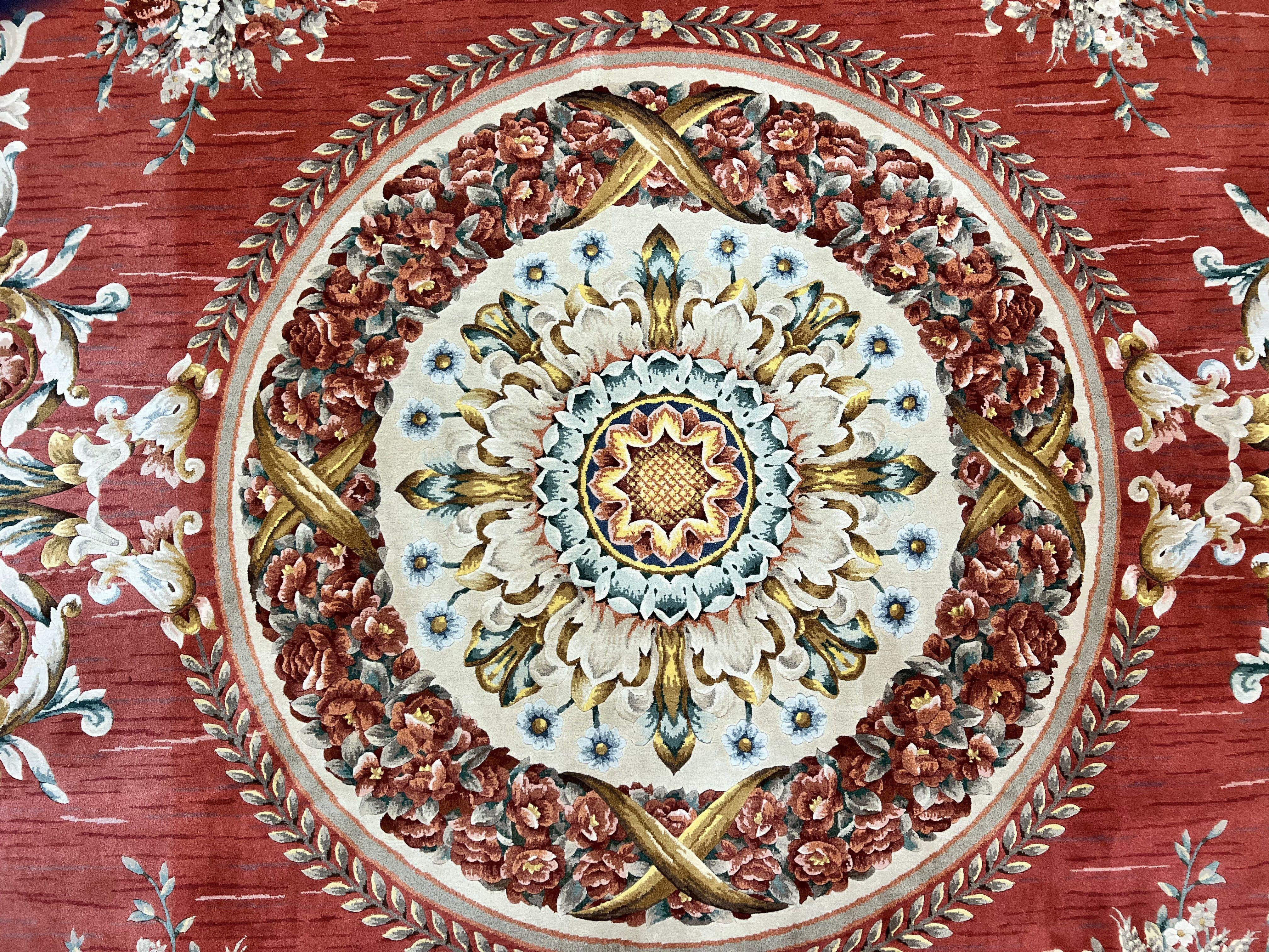 Aubusson Rug 10x12, Large Handmade Aubusson Wool Pile Vintage Stark Carpet 10 x 12, Savonnerie French European Design Floral Bouquets, Red - Jewel Rugs