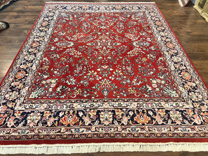 Indo Persian Sarouk Rug 8x10, Red, Floral Allover, Handmade Vintage Wool Carpet, Traditional Rug