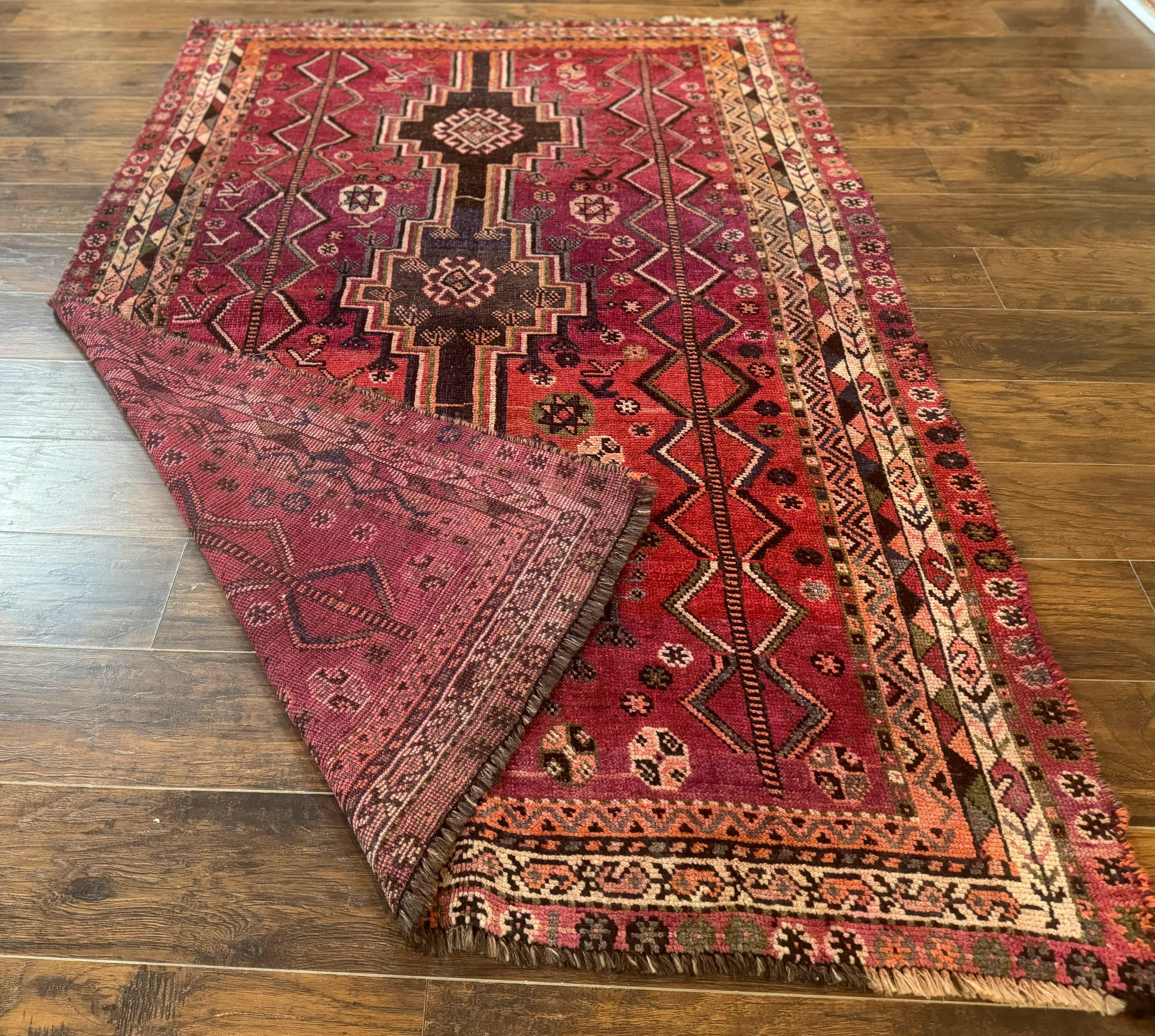 Persian Tribal Shiraz Rug 5x8, Geometric, Raspberry Red and Charcoal, Antique Persian Carpet - Jewel Rugs