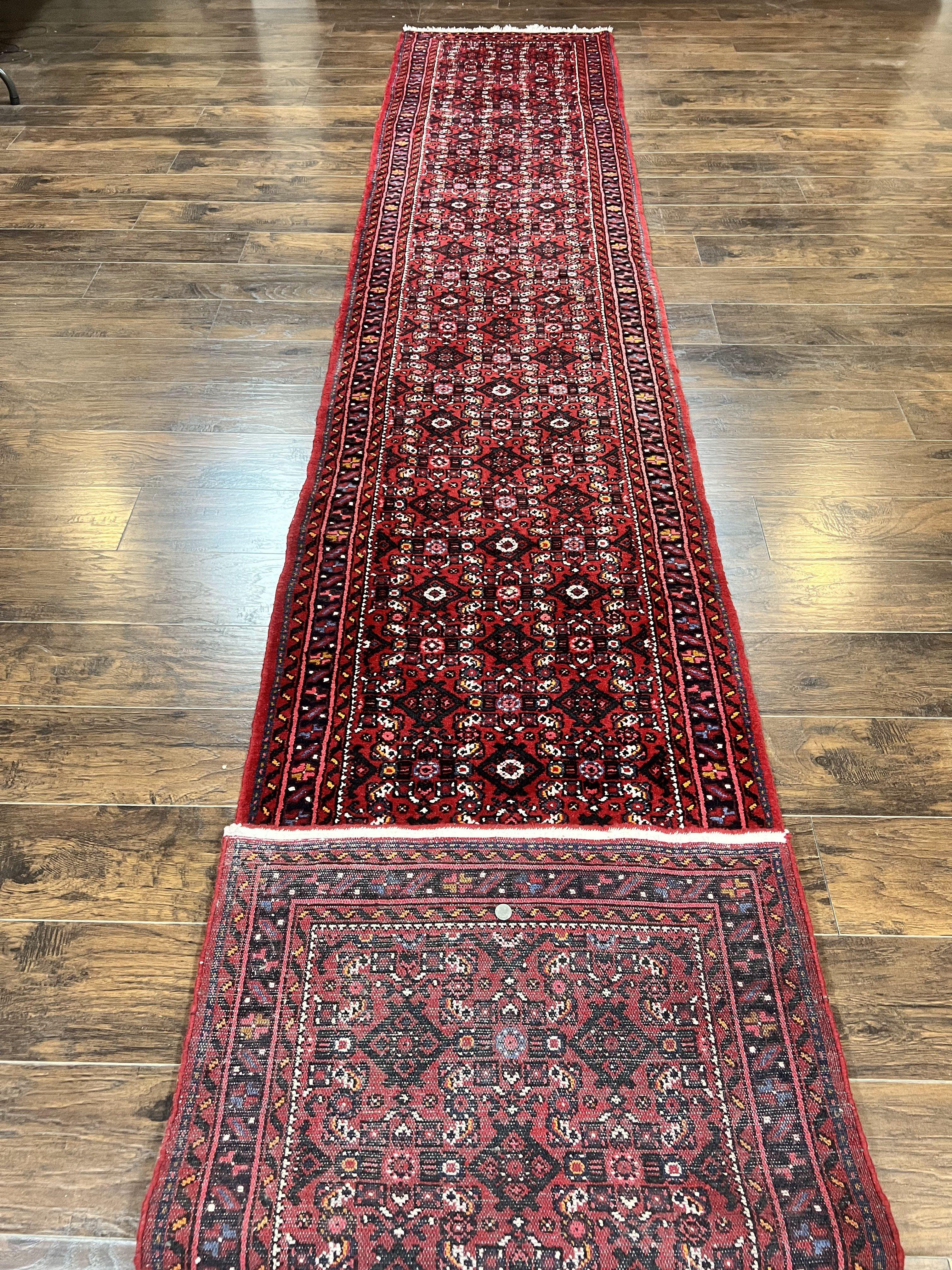 Persian Runner Rug 3 x 16, Wool Handmade Long Antique Hamadan Oriental Rug for Hallway, Red Tribal Rug, Allover Pattern, 3x16 Runner Rug - Jewel Rugs