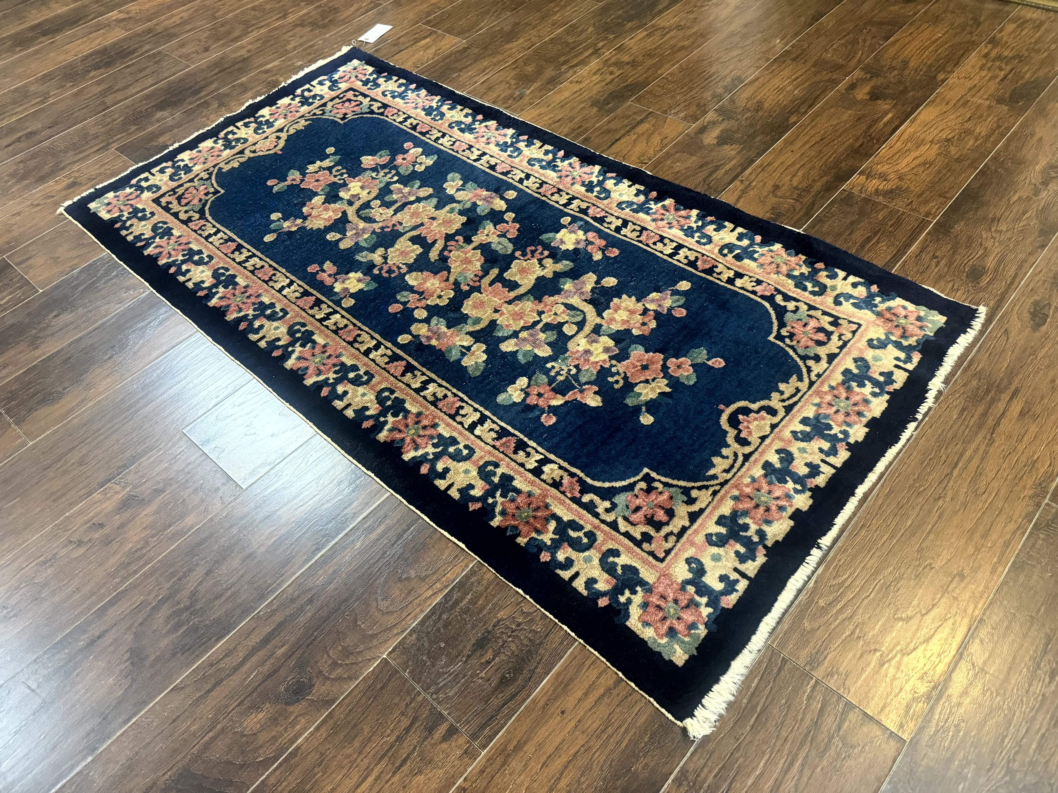 Blue and Beige Chinese Wool Rug 3x6, Chinese Fete Rug, Peking Rug, Antique Chinese Carpet - Jewel Rugs