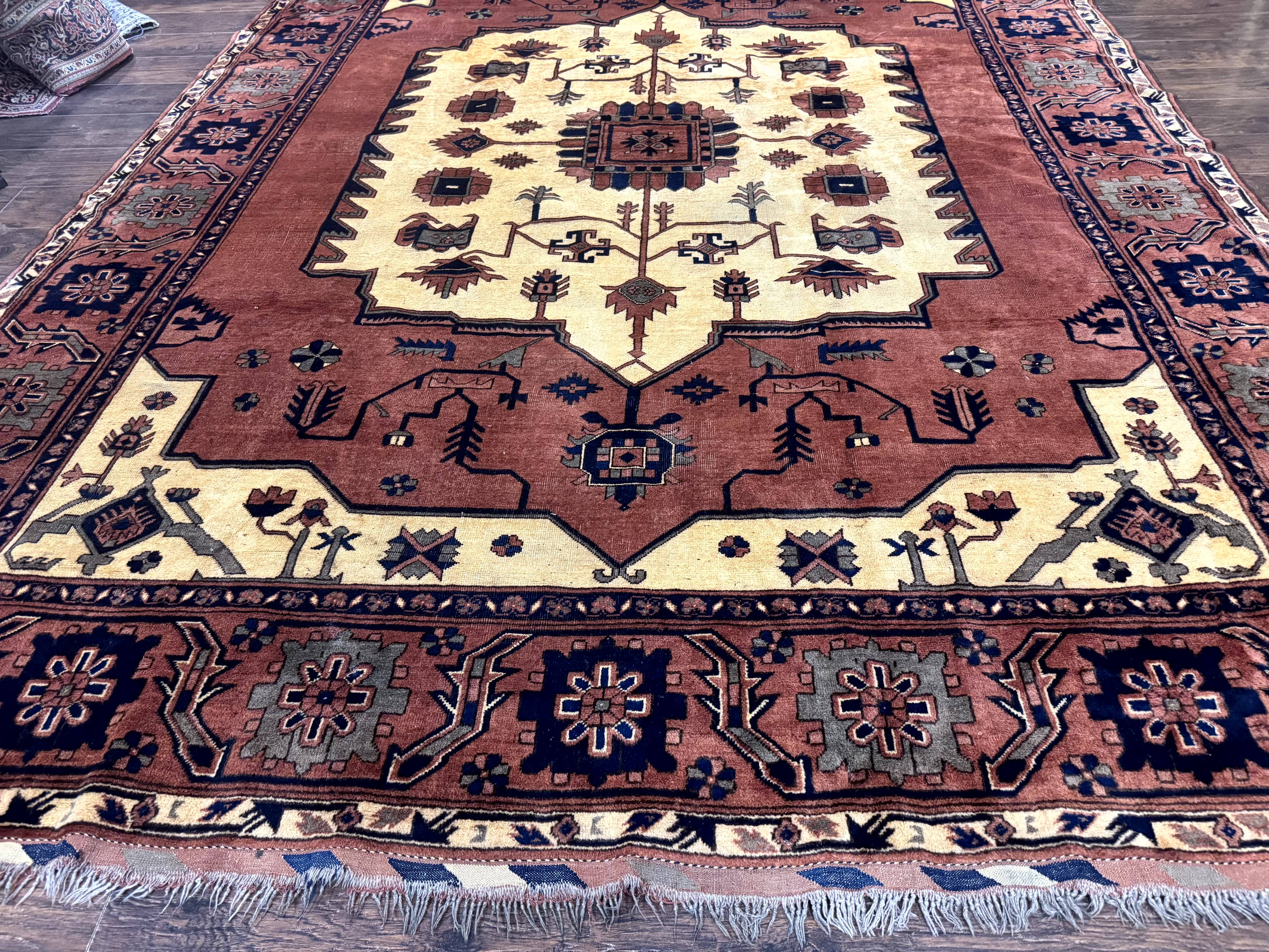 Afghan Heriz Rug 9x12, Tribal Geometric Serapi Carpet, Rust Cream and Navy, Wool on Wool - Jewel Rugs