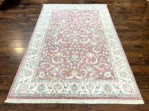 Indo Persian Rug 6x9, Light Pink and Ivory, Floral Allover Pattern, Handmade Vintage Wool Carpet