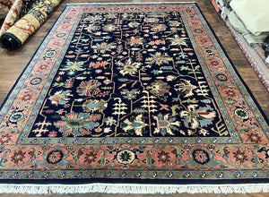 Indo Heriz Rug 8x11, Room Sized Vintage Hand Knotted Handmade Wool Indo Perisan Room Sized Carpet 8 x 11 ft, Navy Blue and Salmon, Heriz Rug