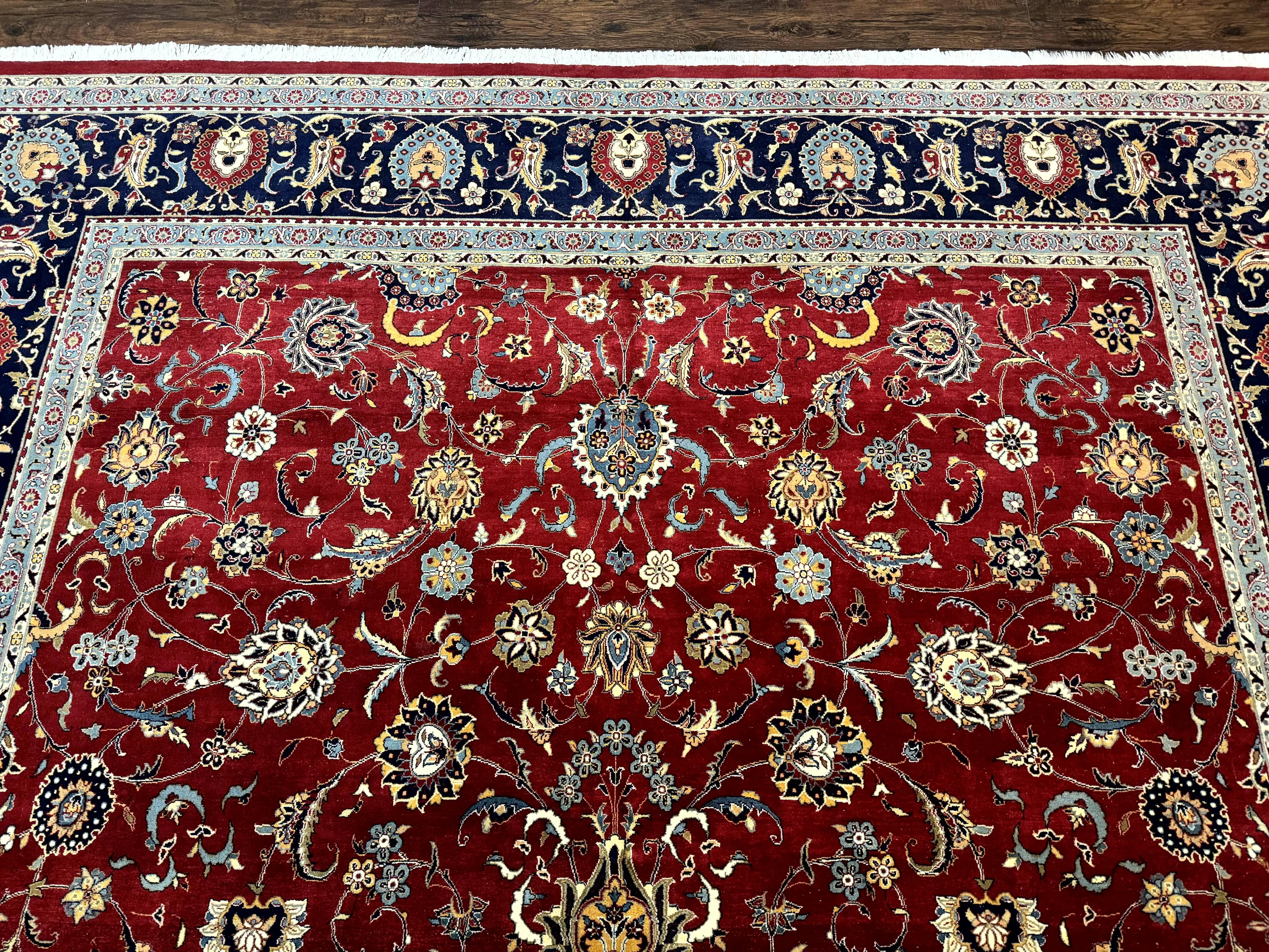 Pak Persian Rug 9x12, Red and Navy Blue, Floral Allover, Hand Knotted Vintage Wool Carpet, Fine 260 KPSI - Jewel Rugs