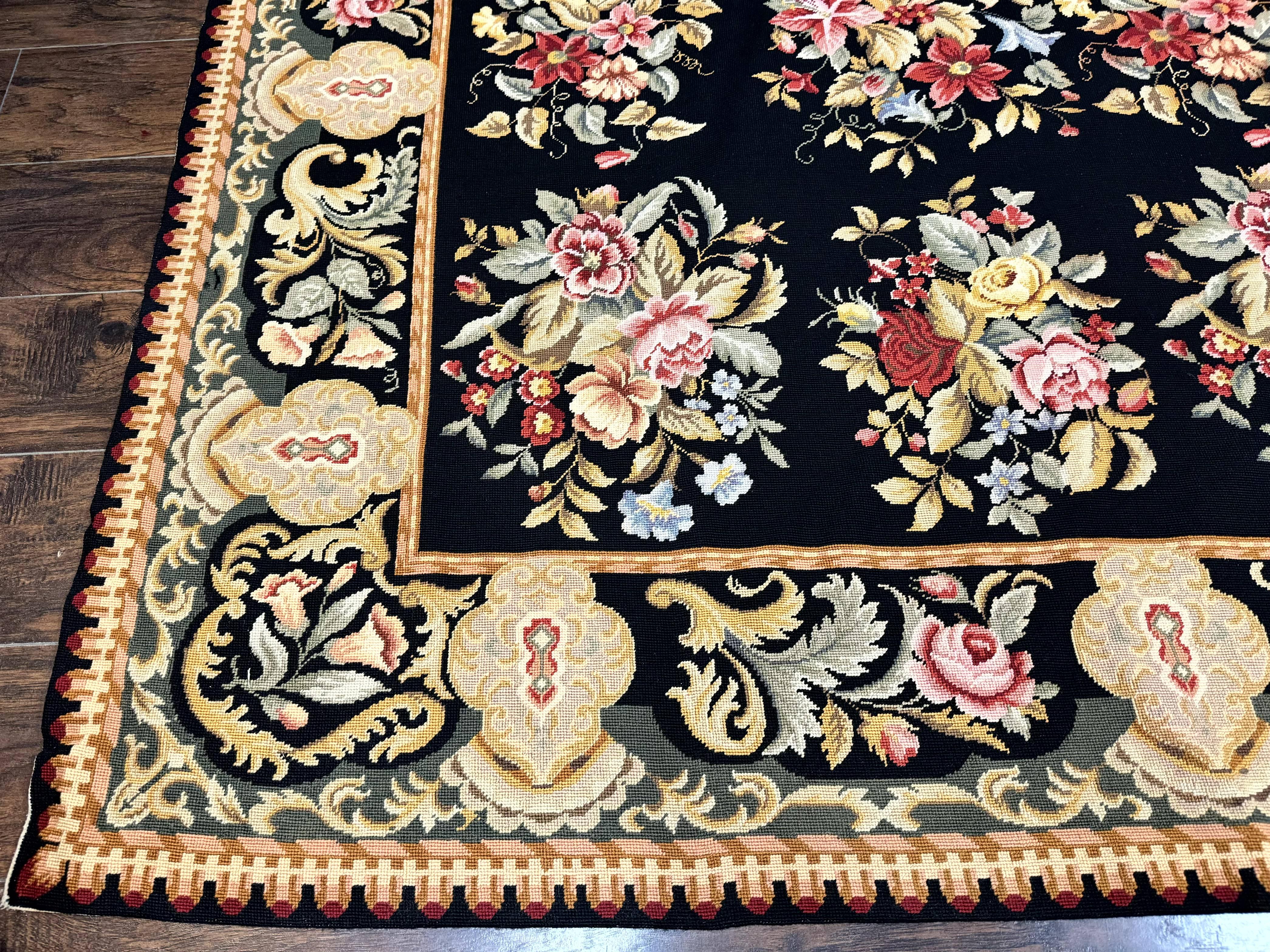 Palace Size Needlepoint Rug 12x16, Black and Colorful, Floral Panel, Handmade Oversized Wool Needlepoint Carpet, Rare - Jewel Rugs
