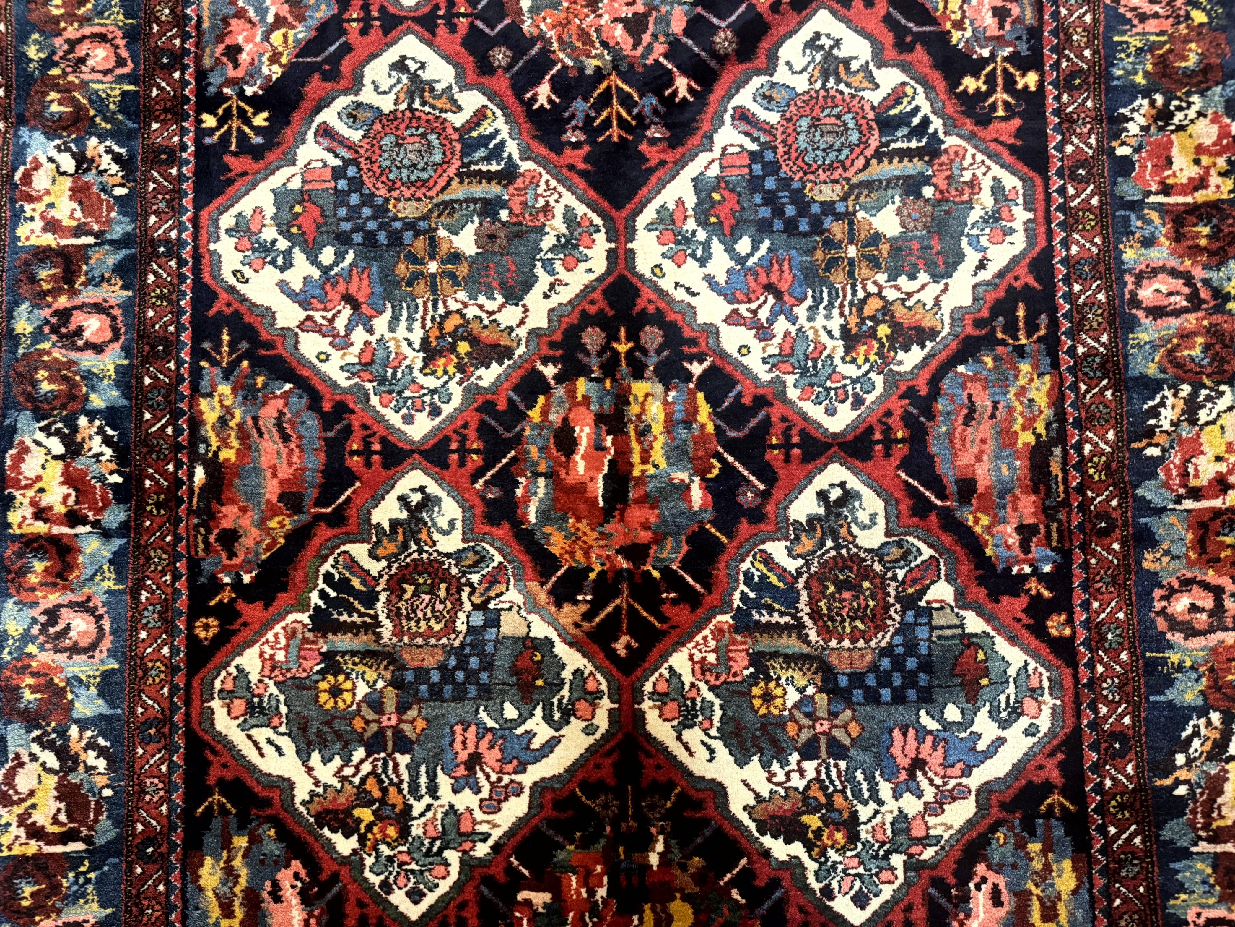 Persian Bakhtiari Rug 5x12, Wide Runner Rug, Unique Size, Multicolor Panel Design, Navy Blue Ivory, Antique Persian Rug, Colorful - Jewel Rugs