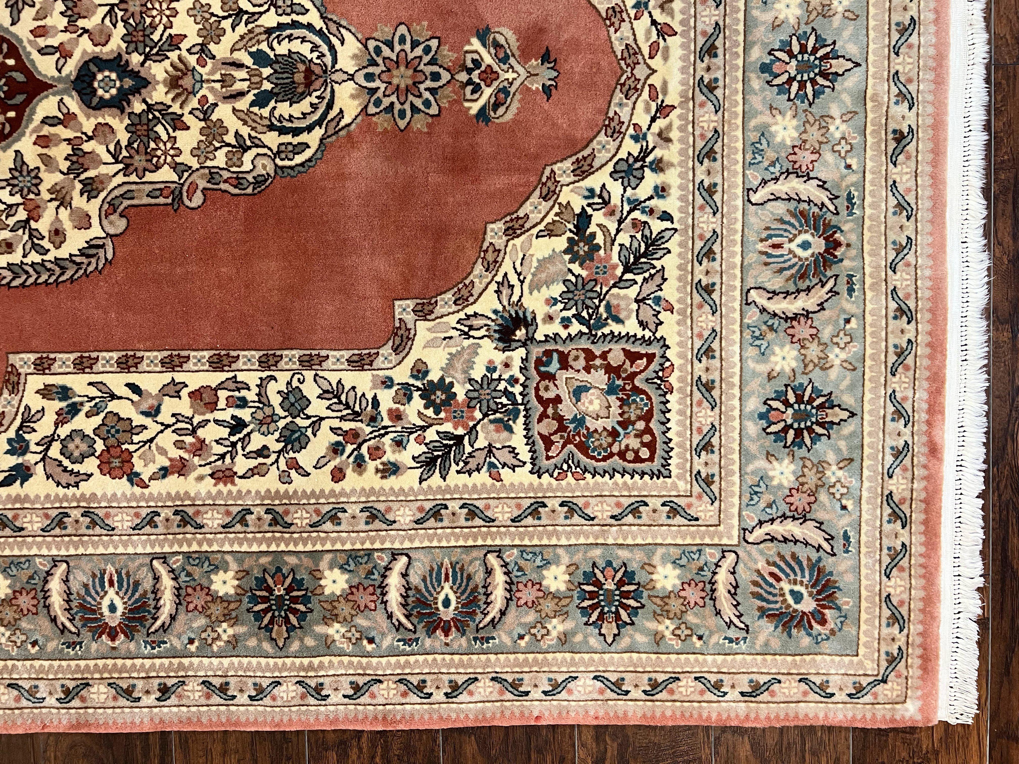 Indo Persian Rug 6x9, Semi Open Field Medallion Rug, Vintage Hand Knotted Wool Oriental Carpet, Traditional Rug, Light Pink, Medium Size - Jewel Rugs