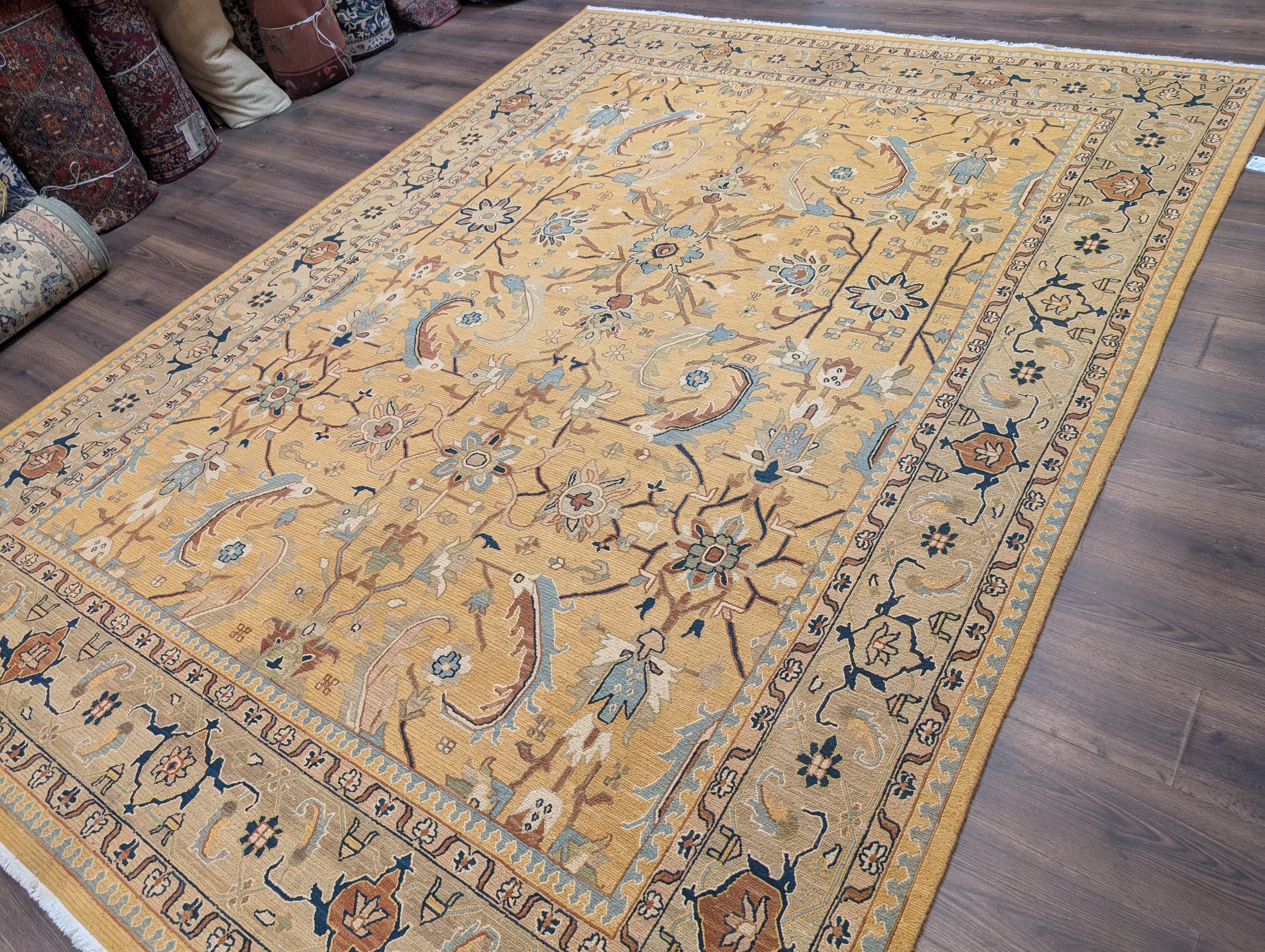 Indian Sultanabad Soumak Kilim 9x11, Hand-Woven Wool Light Yellow Carpet - Jewel Rugs