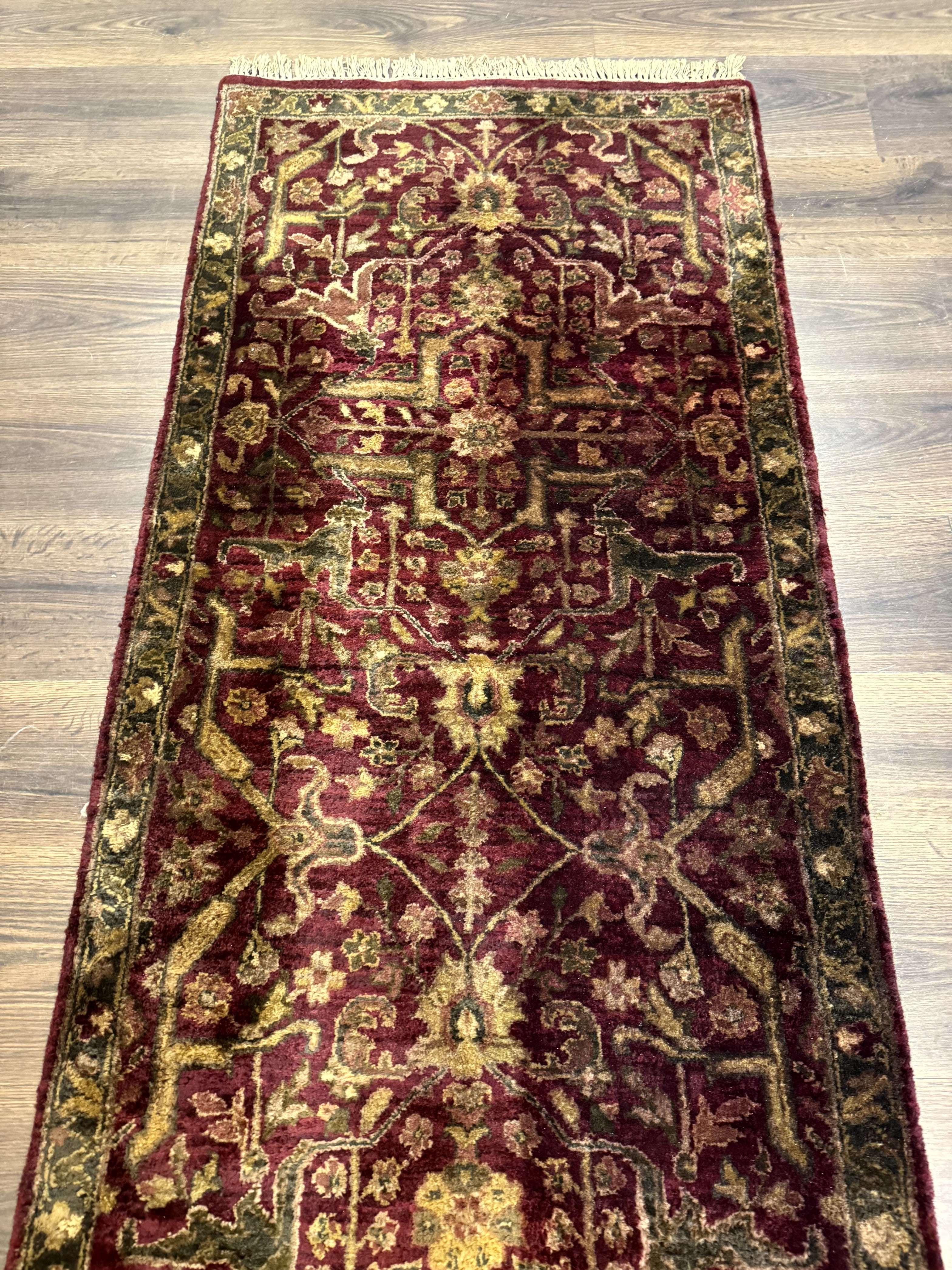 Indo Persian Runner Rug 2.7 x 13.8, Maroon, Wool, Handmade Indian Rug for Hallway - Jewel Rugs