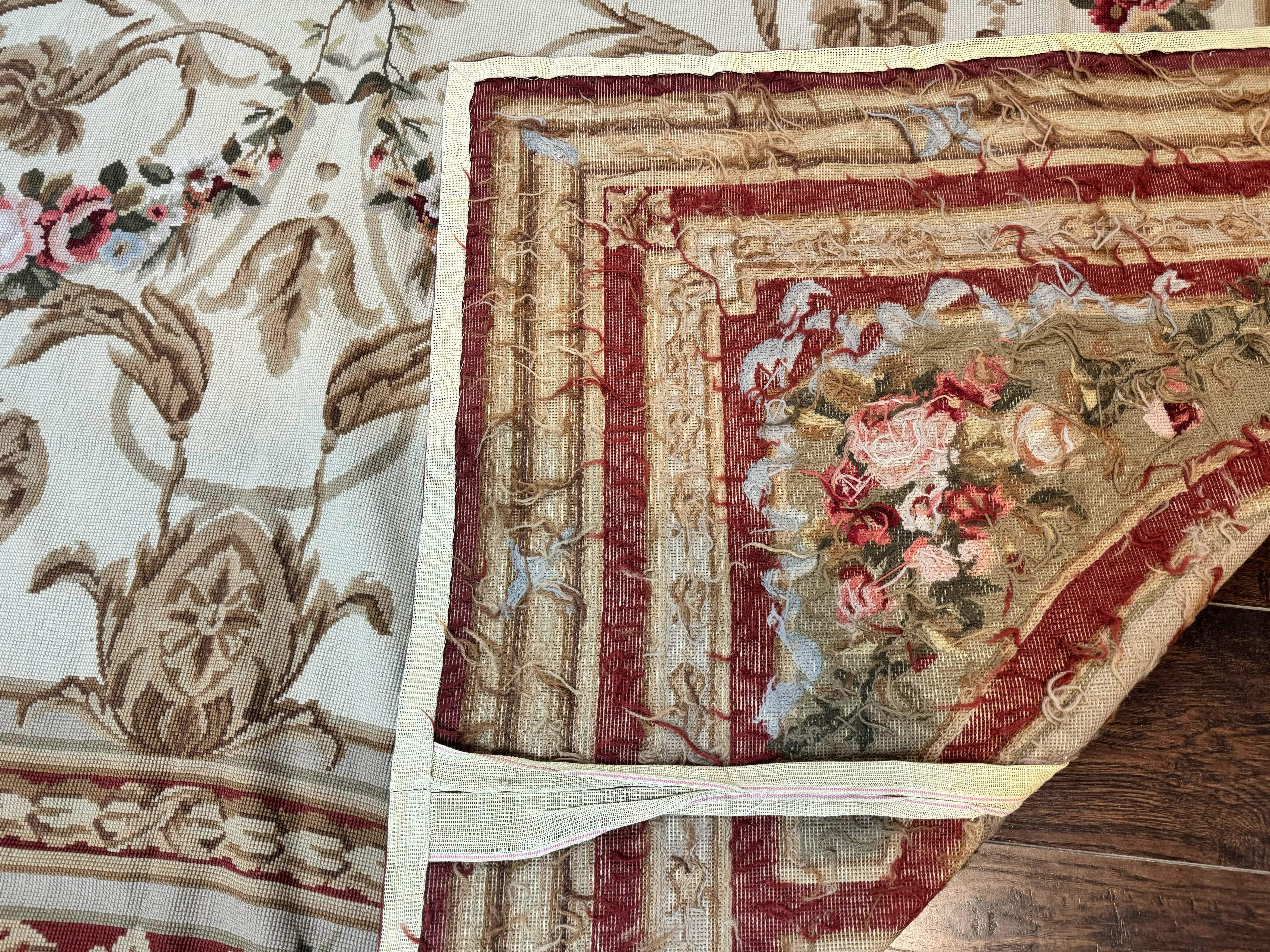 Aubusson Needlepoint Rug 9x11, Handmade Vintage Wool Flatweave Carpet, Elegant European Rug, Floral, Cream - Jewel Rugs