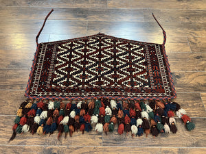 Antique Turkoman Camel Trapping, Turkoman Asmalyk, Red Black Ivory, Handmade, Hand Knotted Tribal Collectible Rug, Rare