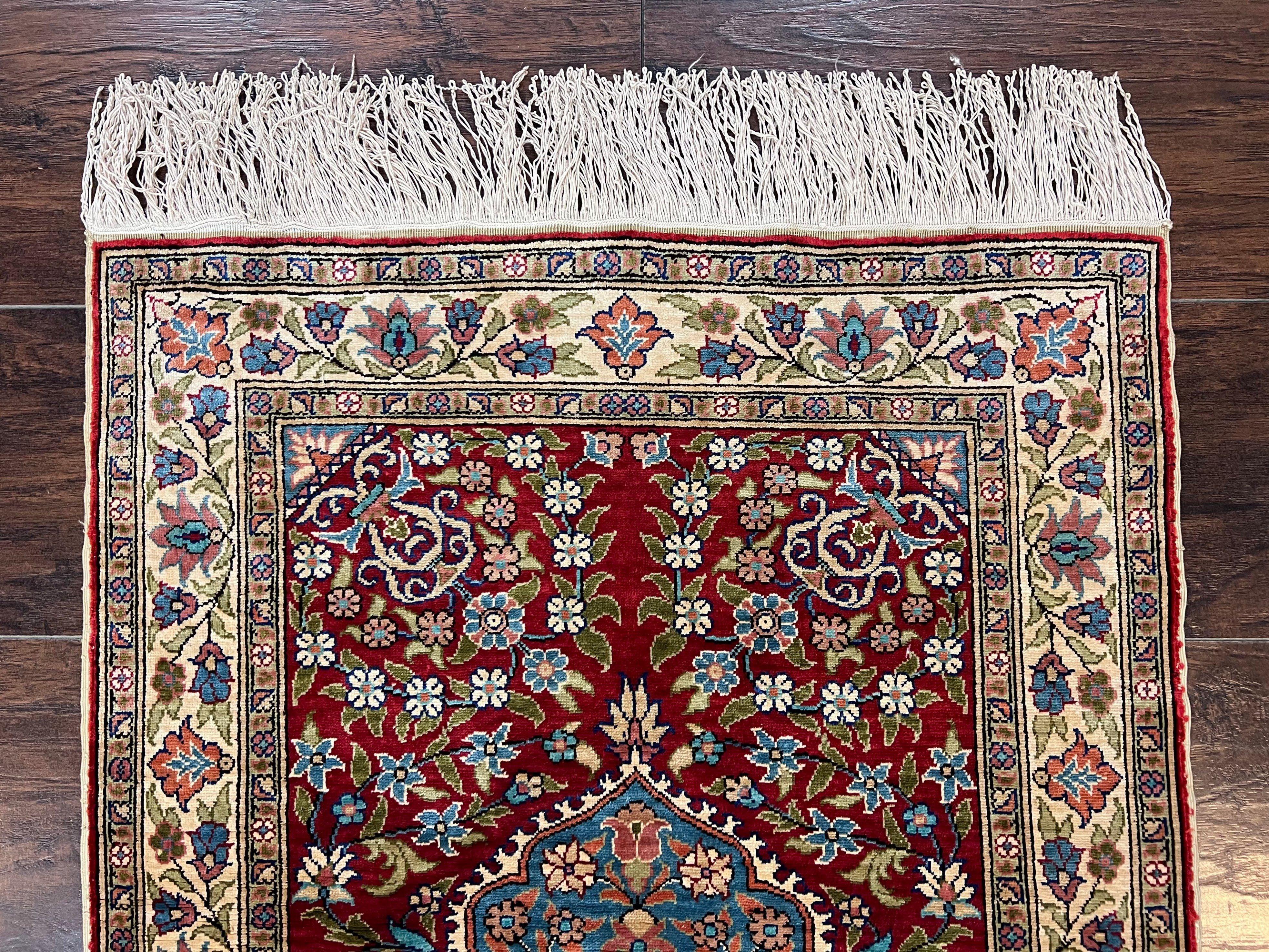 Silk Turkish Kayseri Rug 2x3, Small All Silk Turkish Carpet, Red and Light Blue, Very Fine Hand Knotted Semi Antique Vintage Handmade Rug - Jewel Rugs