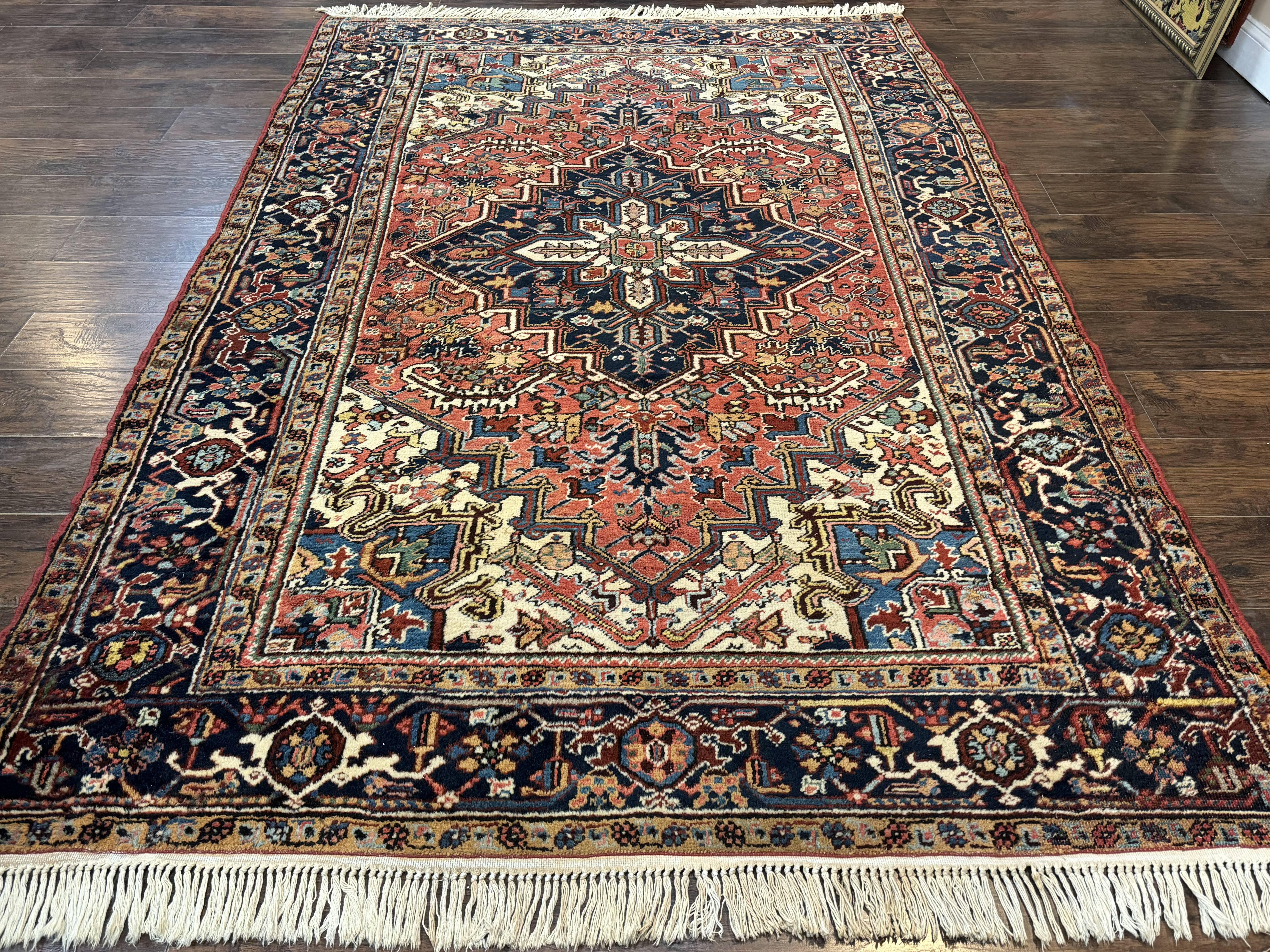 Antique Persian Heriz Rug 6x9, Red Navy Blue, Wool, Geometric Medallion - Jewel Rugs