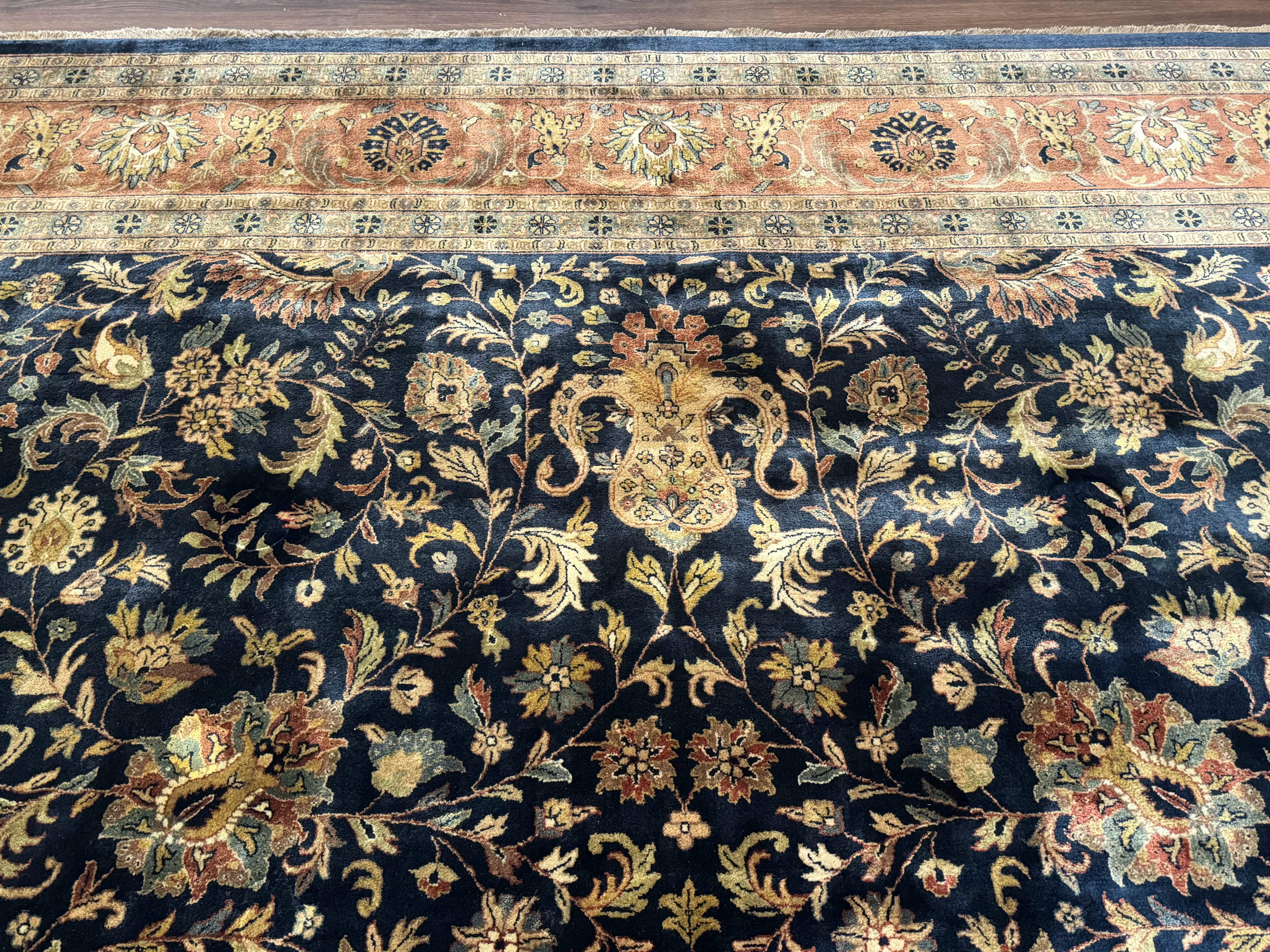 Large Indo Persian Rug 10x14, Navy Blue and Terracotta, Allover Floral Pattern - Jewel Rugs