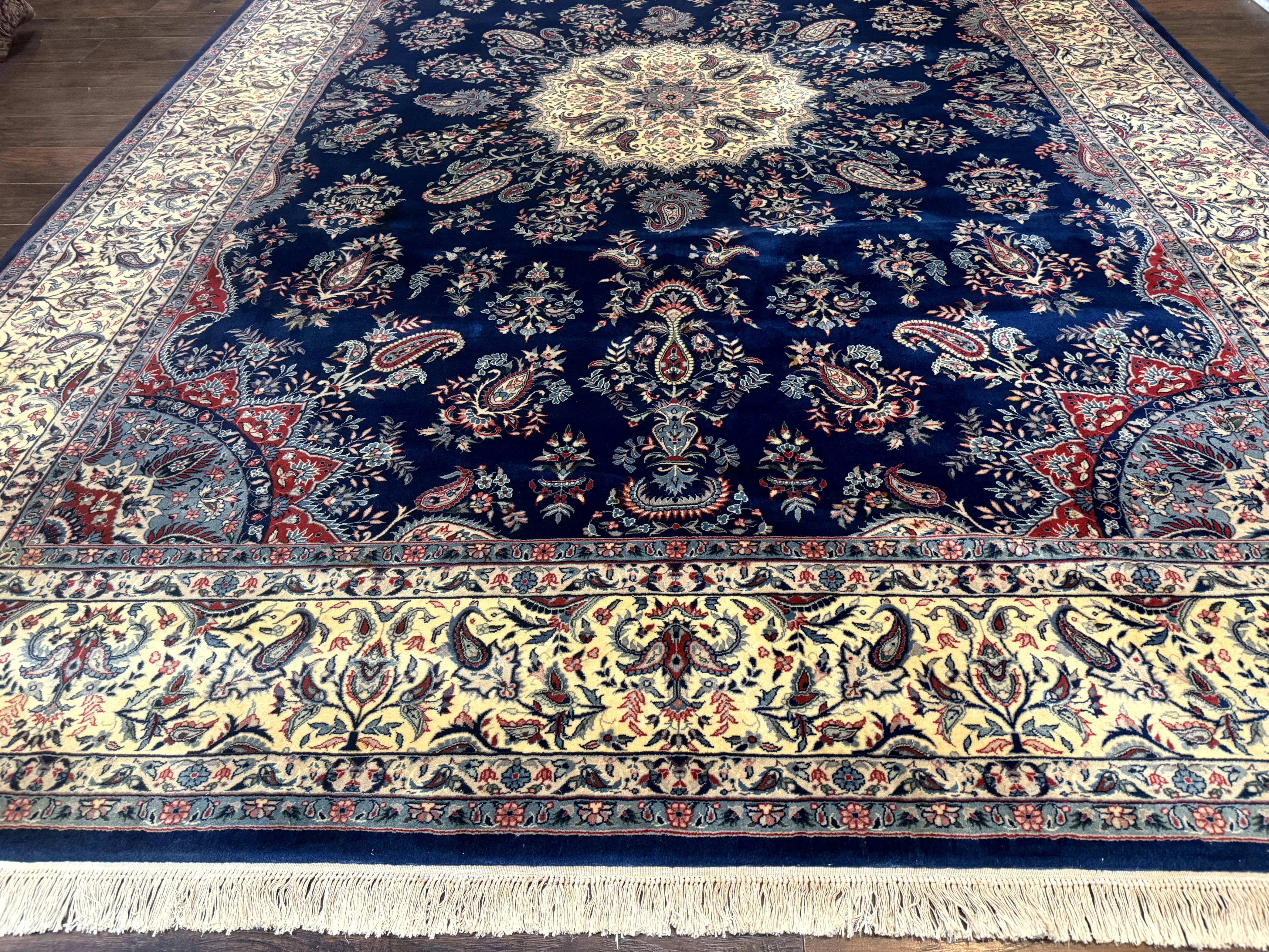 Sino Persian Kerman Rug 10x14, Blue and Beige, Floral Medallion, Fine 240 KPSI - Jewel Rugs
