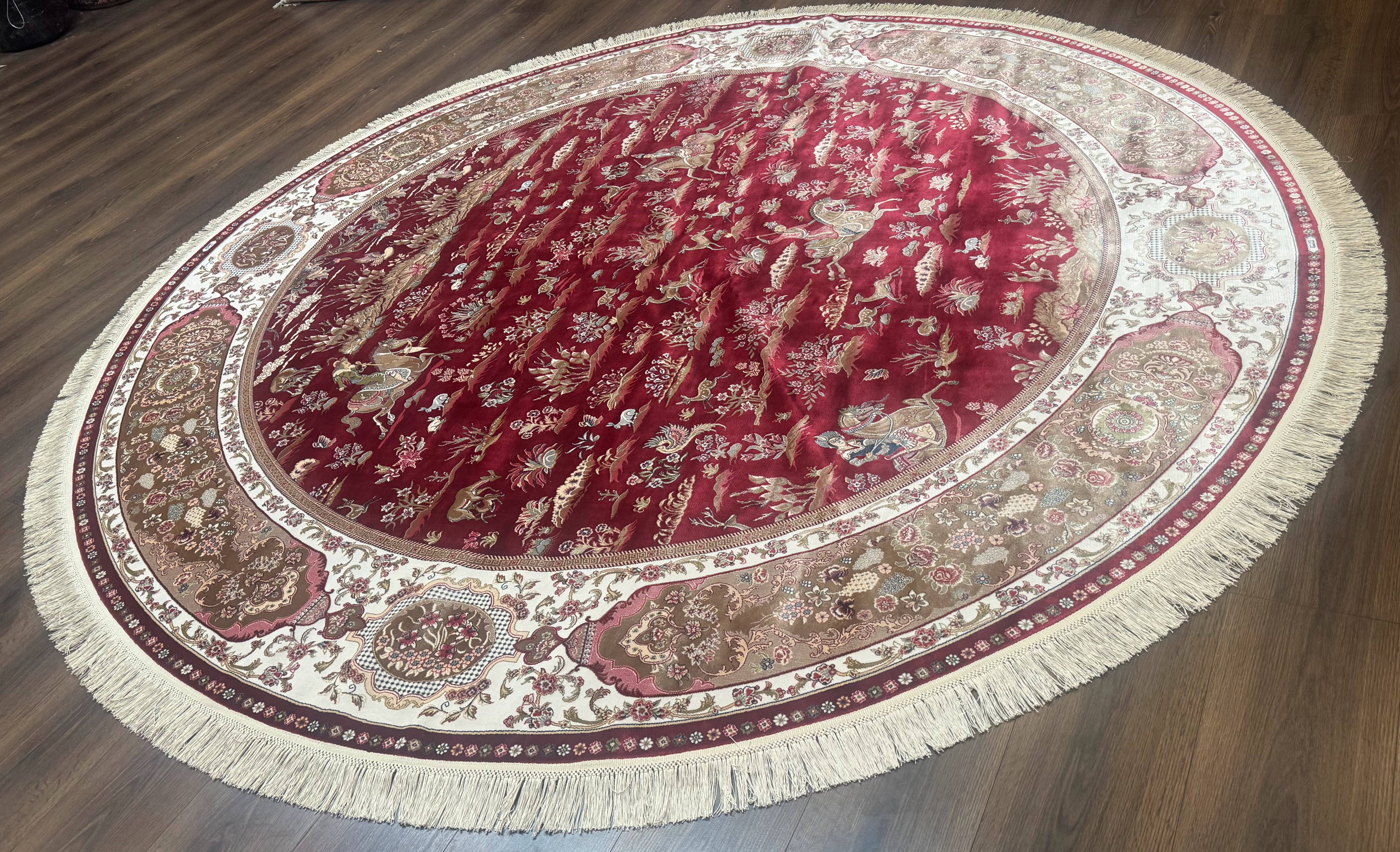 Large Round Turkish Silk Rug 8x8, Hunting Design, Dark Red & Ivory, Bamboo Silk - Jewel Rugs