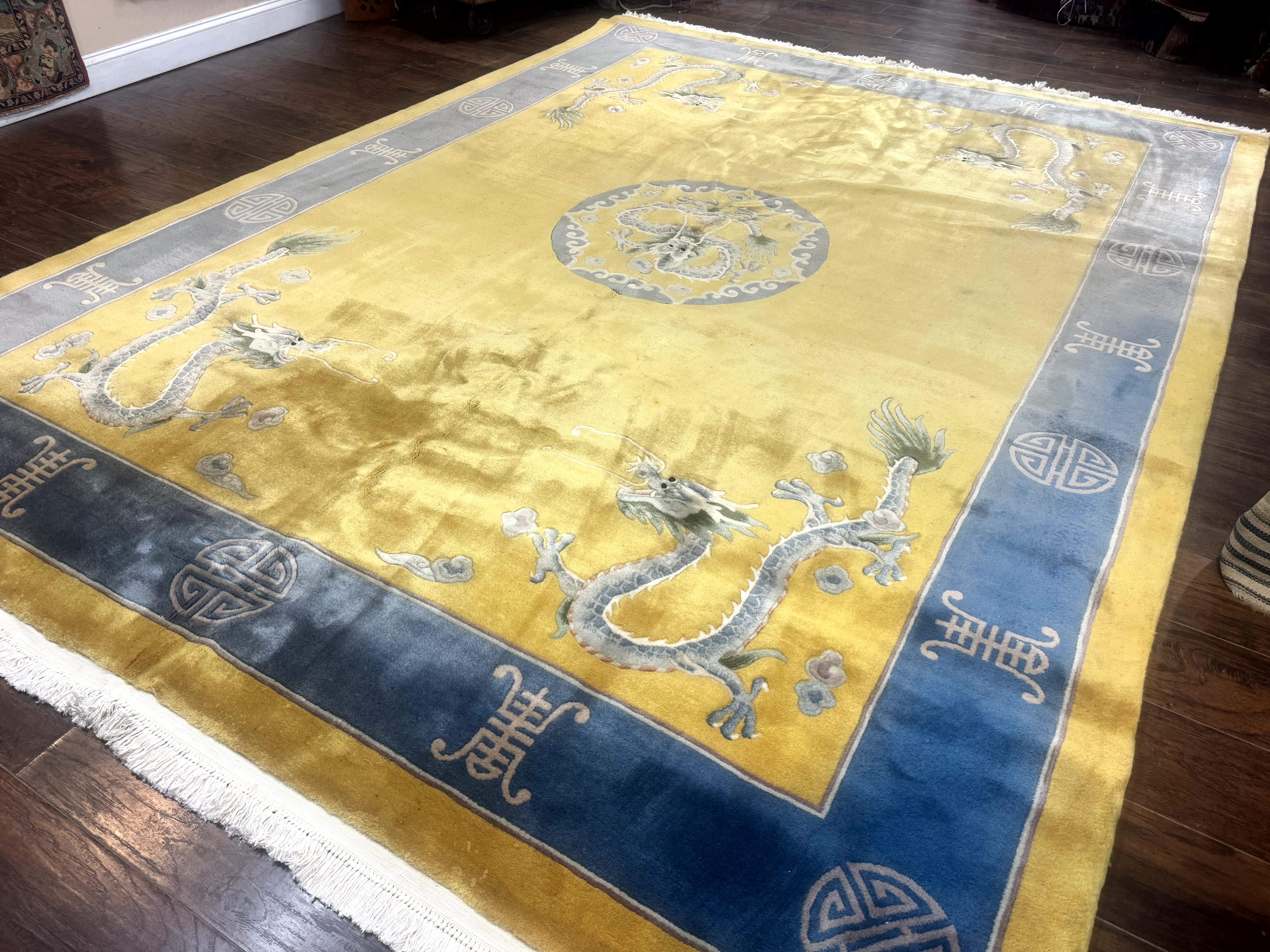 Chinese Wool Rug 9x12, Dragons and Center Medallion, Minimalistic Design, Gold and Light Blue, Peking Rug, 90 Line - Jewel Rugs