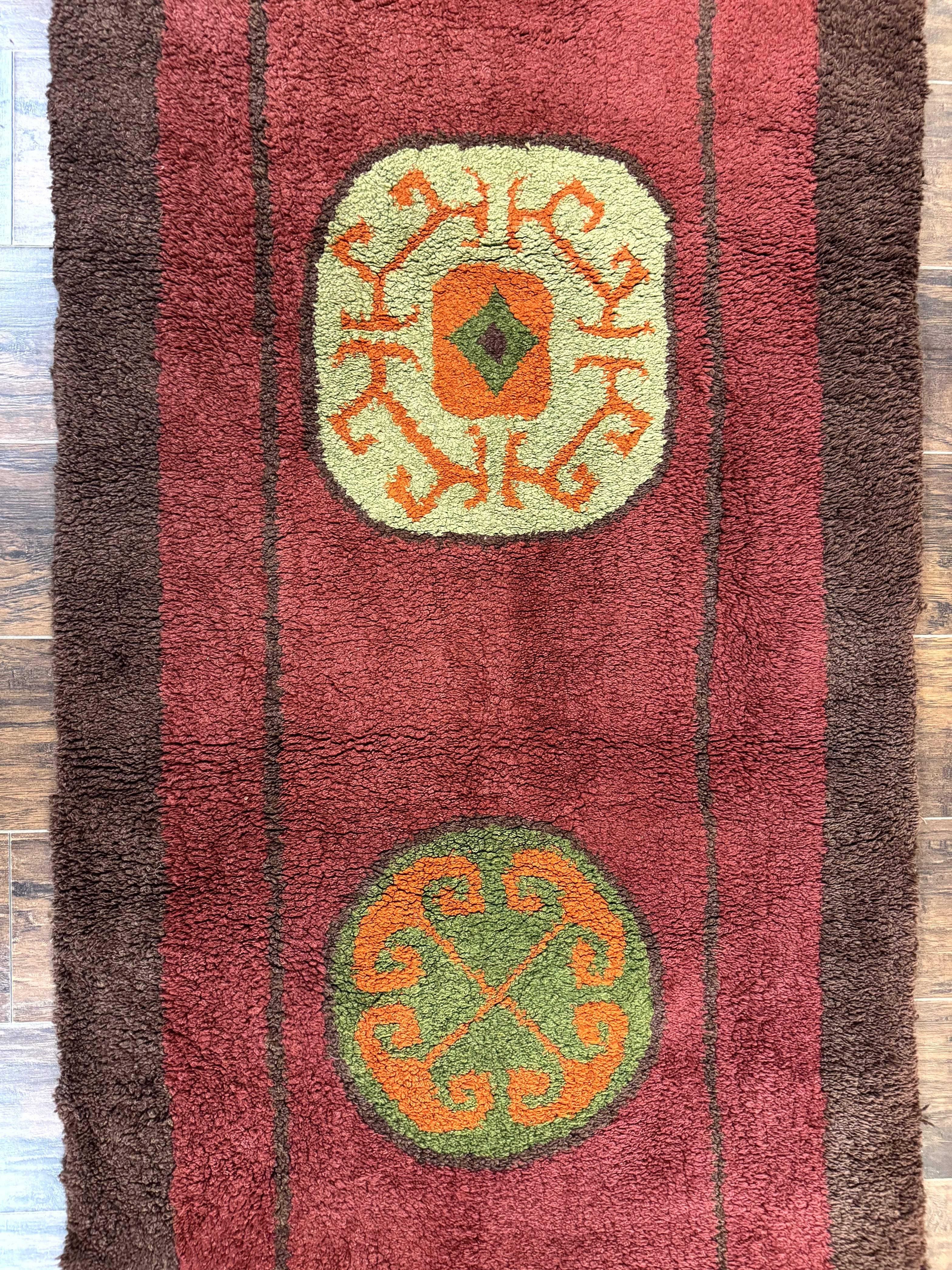 German Hooked Runner Rug 3x8, Vintage, Red, Wool - Jewel Rugs