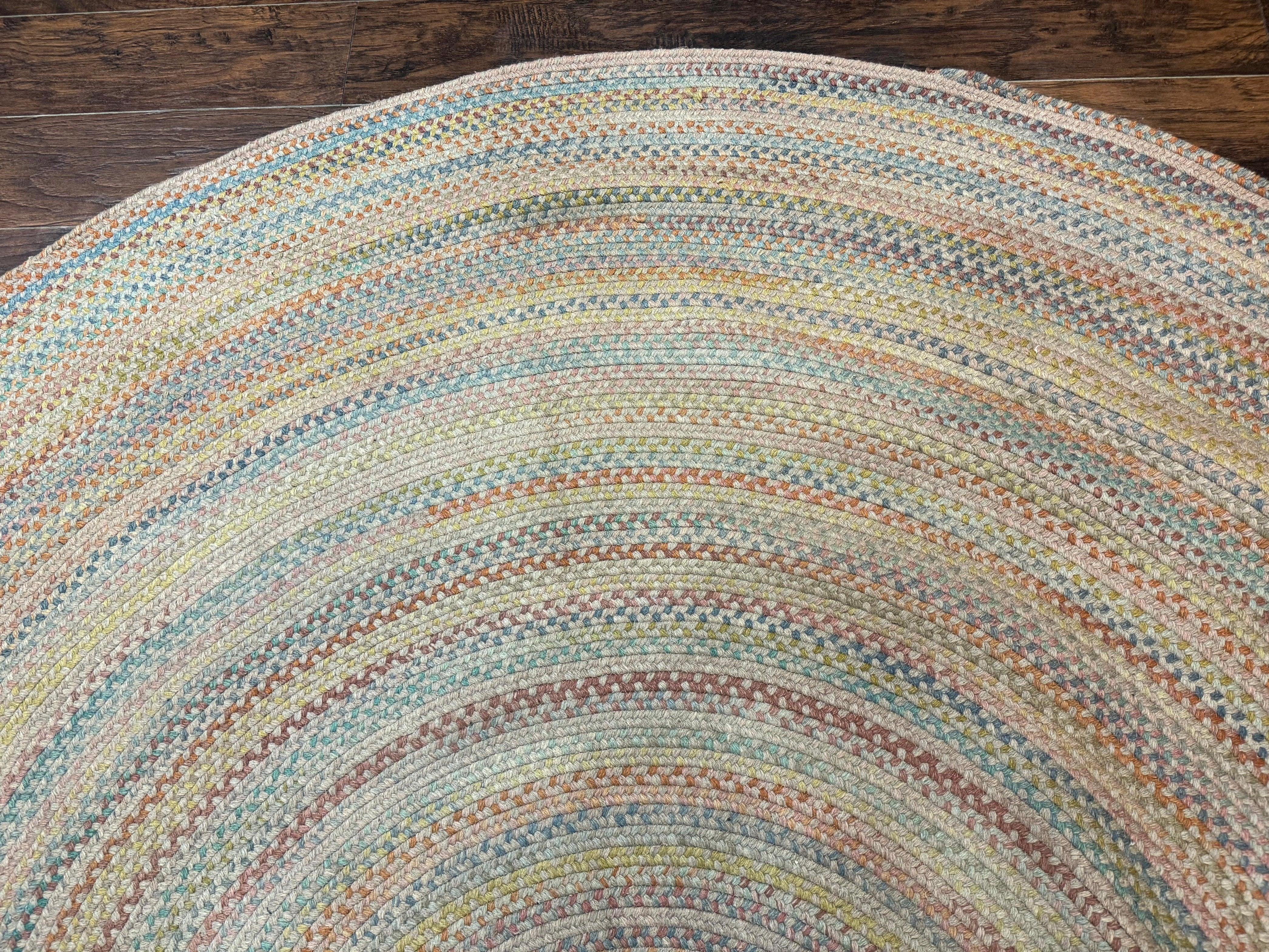 Large American Round Braided Rug 10x10, Multicolor, Vintage, Mid Century, Hand Braided - Jewel Rugs