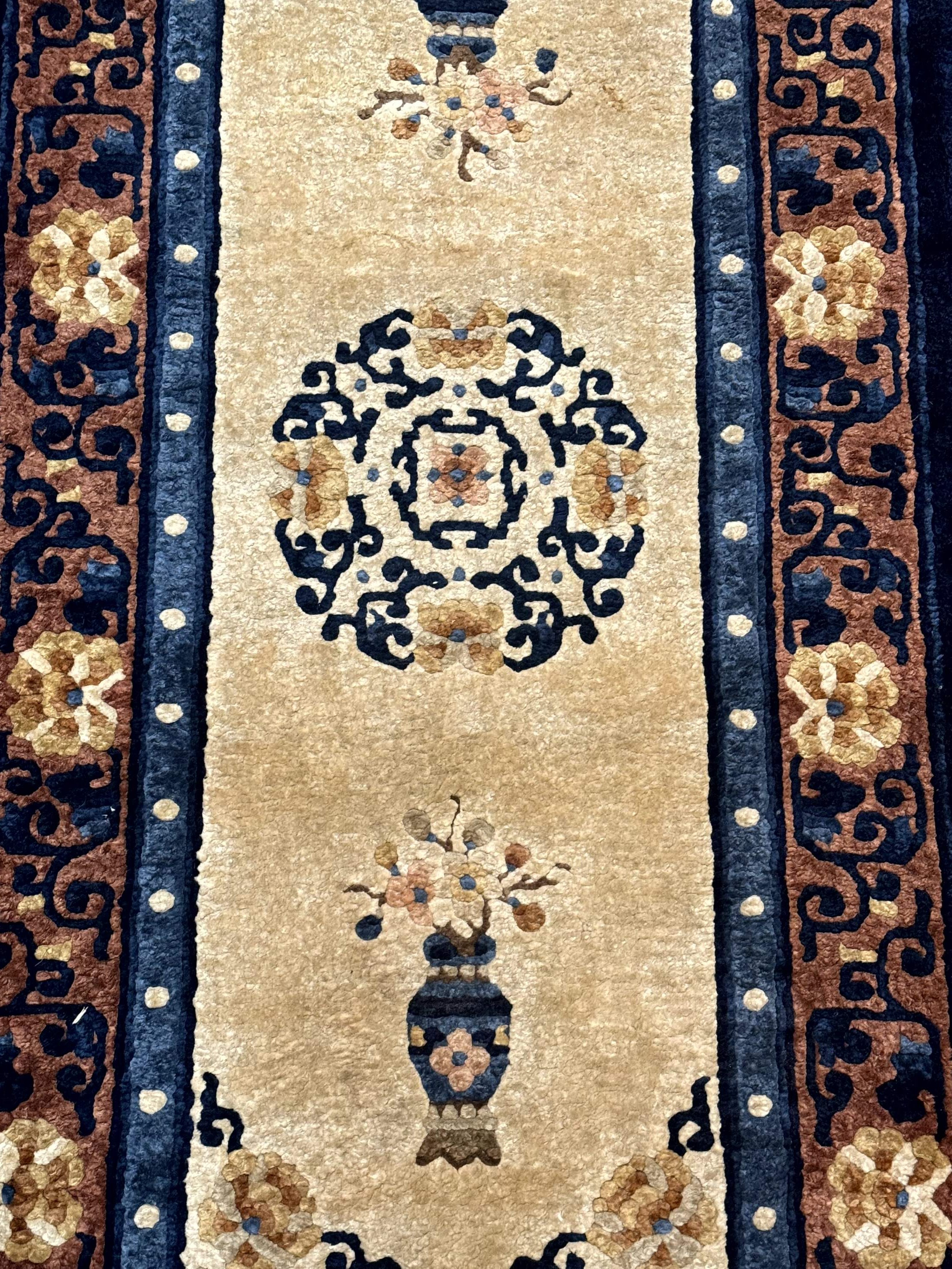 Silk Chinese Rug 2x4, Peking Carpet, Golden-Beige and Blue, Hand Knotted, Simple Design - Jewel Rugs