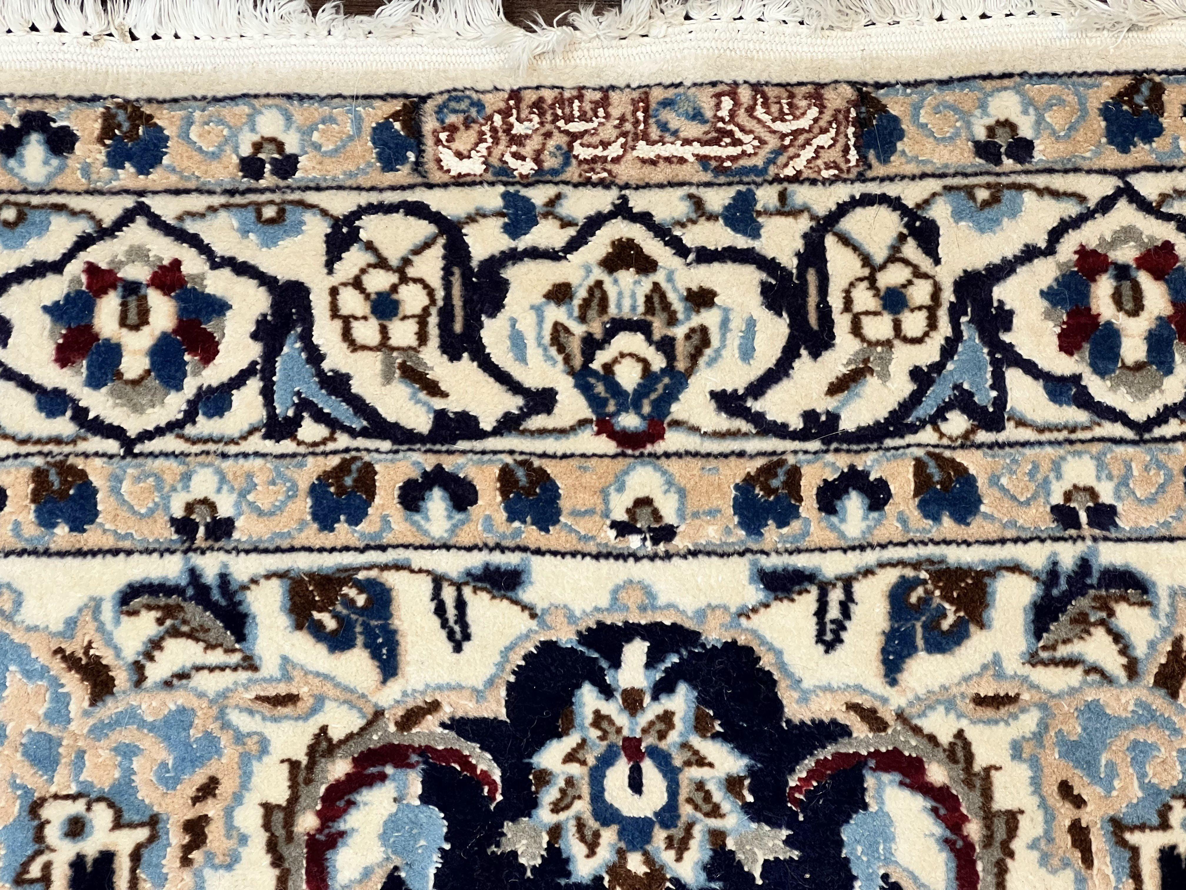 Persian Nain Rug 4x6, Floral, Hand Knotted Vintage Wool & Silk Highlights, Signature from Masterweaver, Navy Blue and Ivory - Jewel Rugs