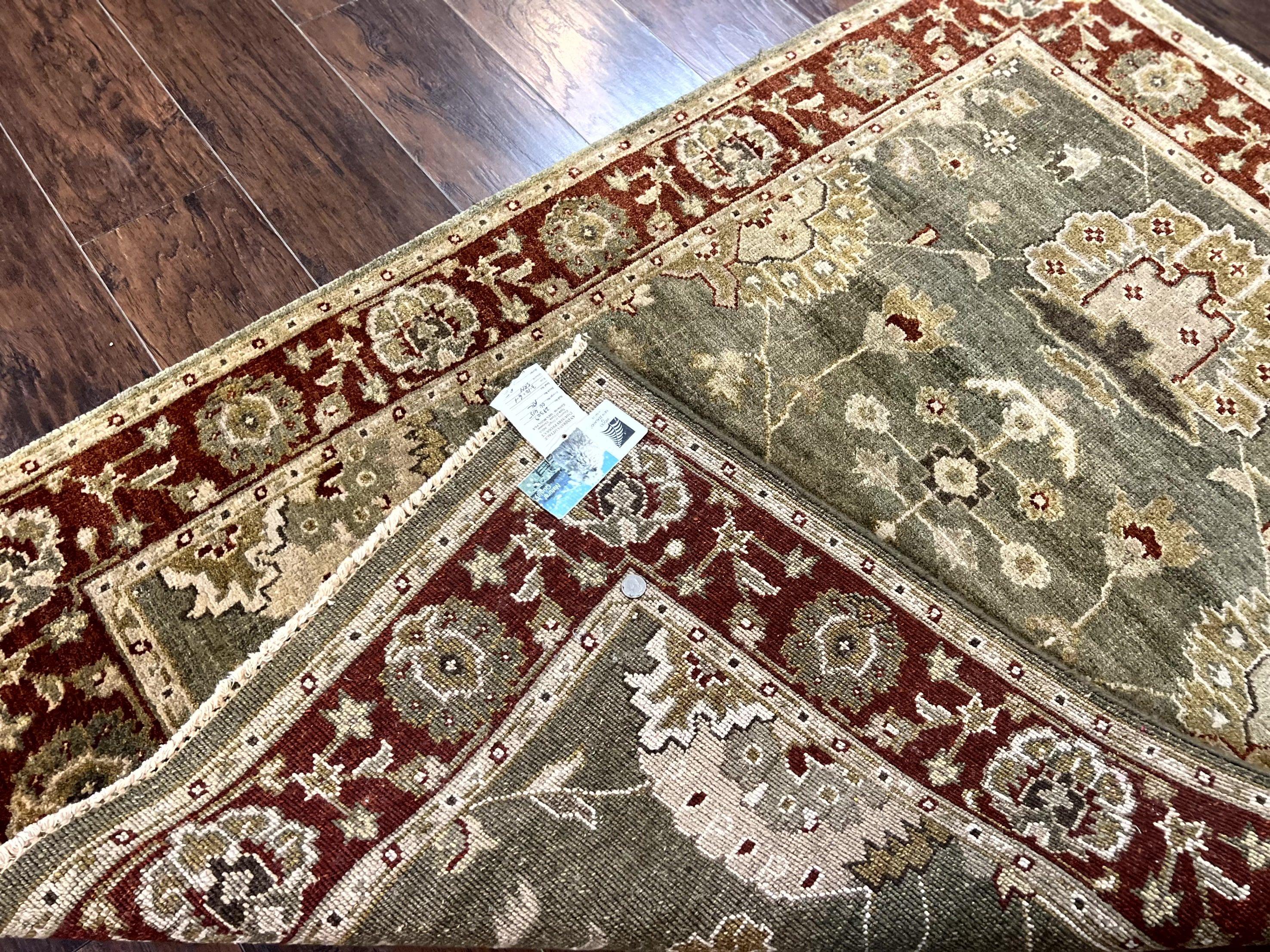 Indo Oushak Rug 4x6, Green and Maroon, Vintage Wool Floral Rug, Indian Agra Rug - Jewel Rugs