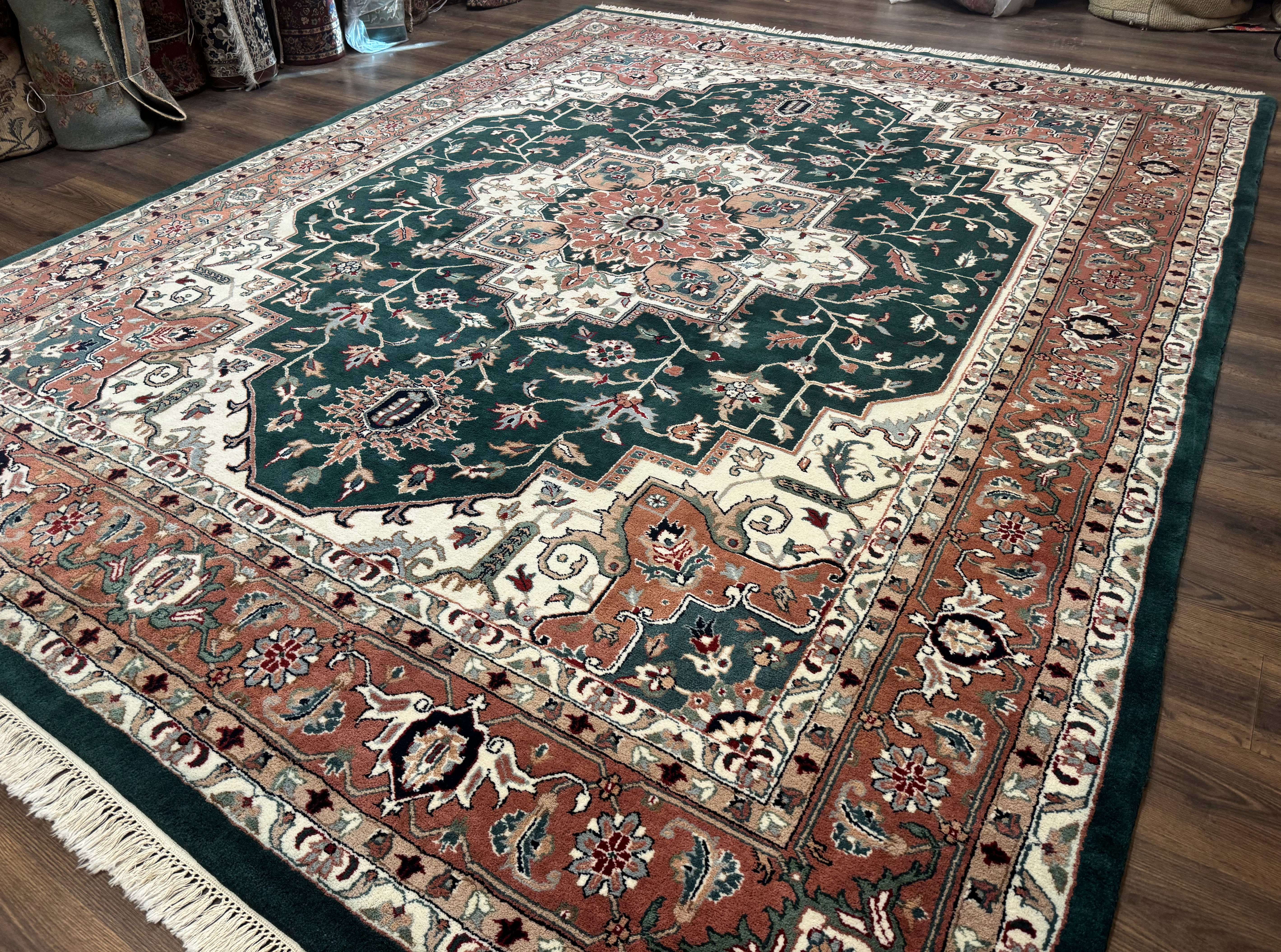 Indo Persian Heriz Rug 9x12, Dark Green & Ivory, Wool Hand Knotted Carpet - Jewel Rugs