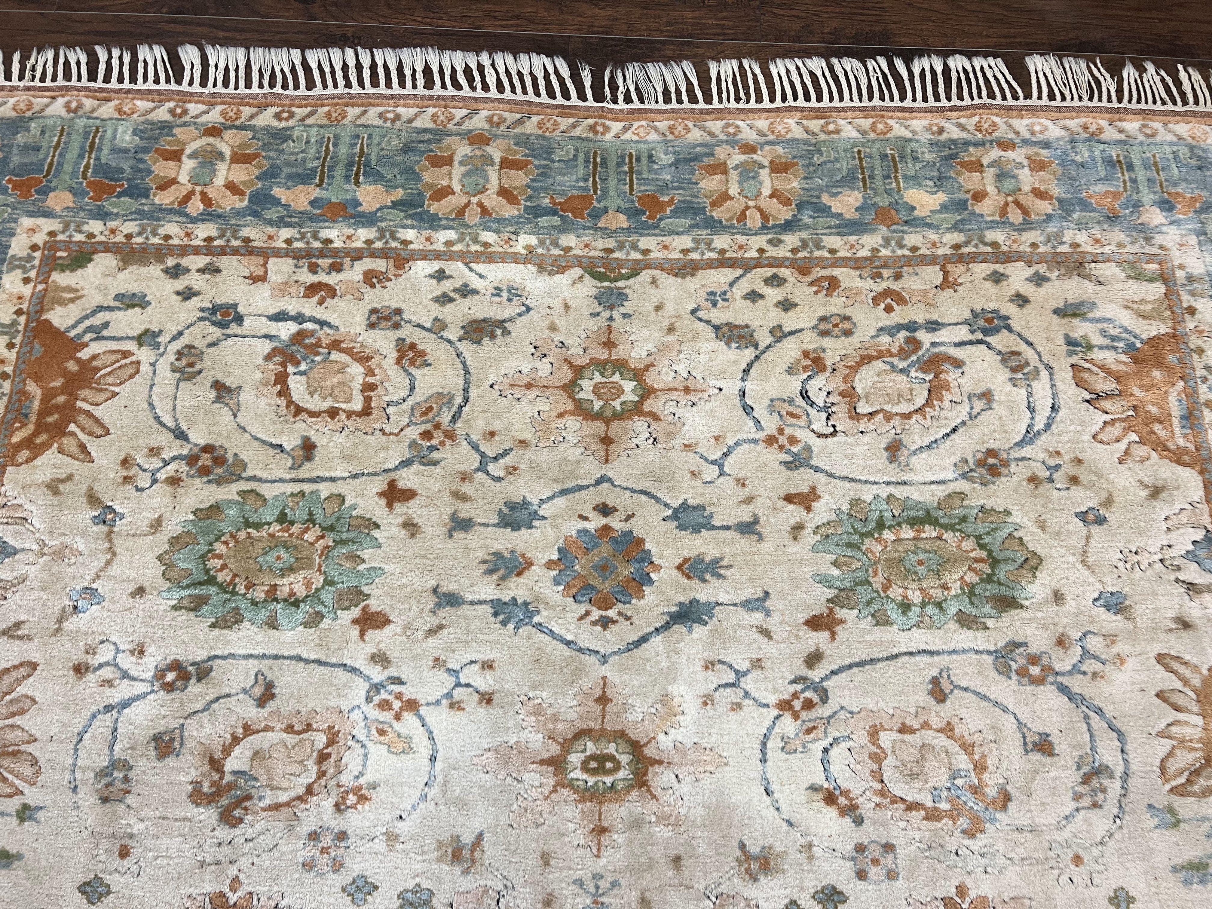 Turkish Oushak Rug 9x10, Neutral Colors, Wool Hand Knotted Vintage Handmade Oriental Carpet, Floral Allover, Farmhouse Rug, Beige Light Blue - Jewel Rugs