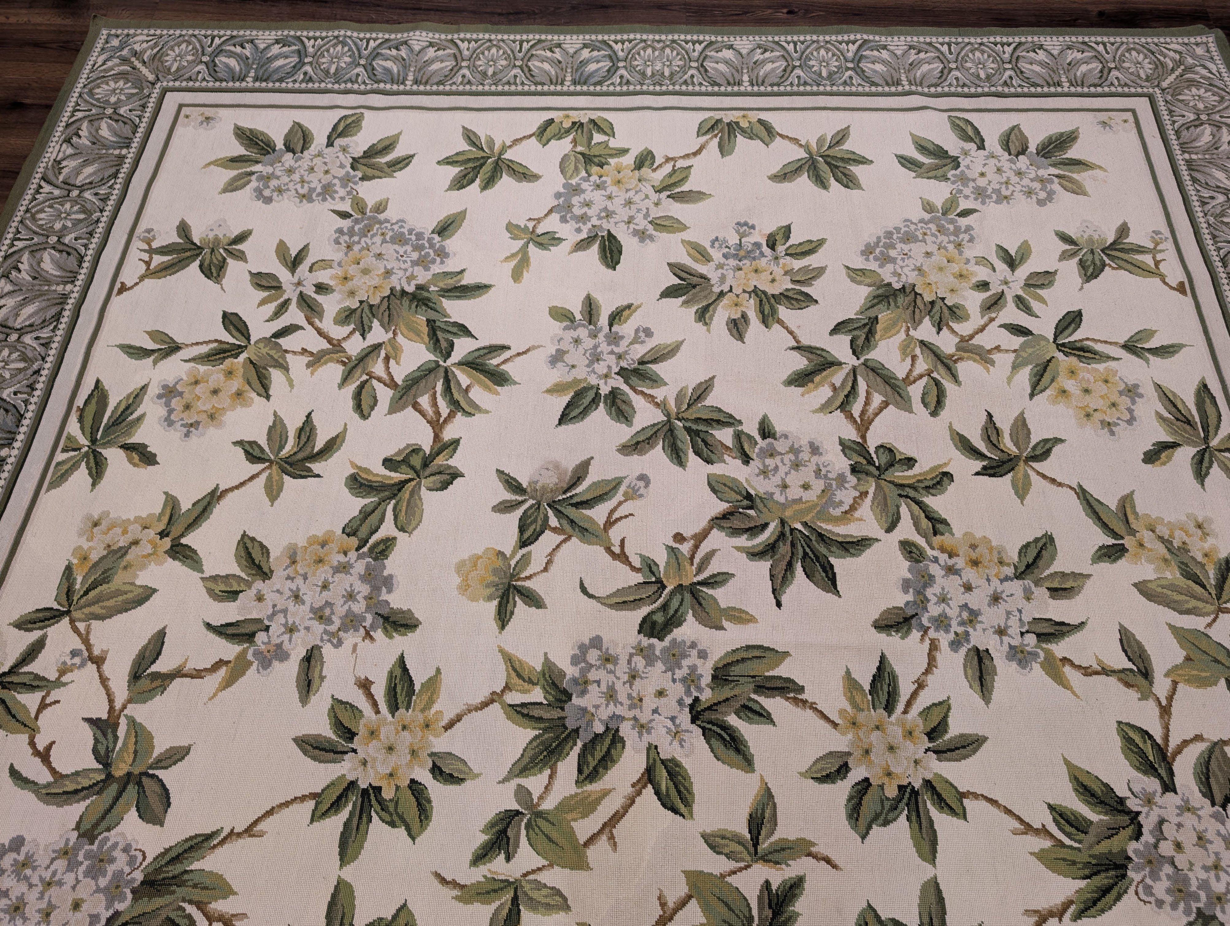 Needlepoint Rug 9x12, Floral, Ivory and Green, Wool - Jewel Rugs