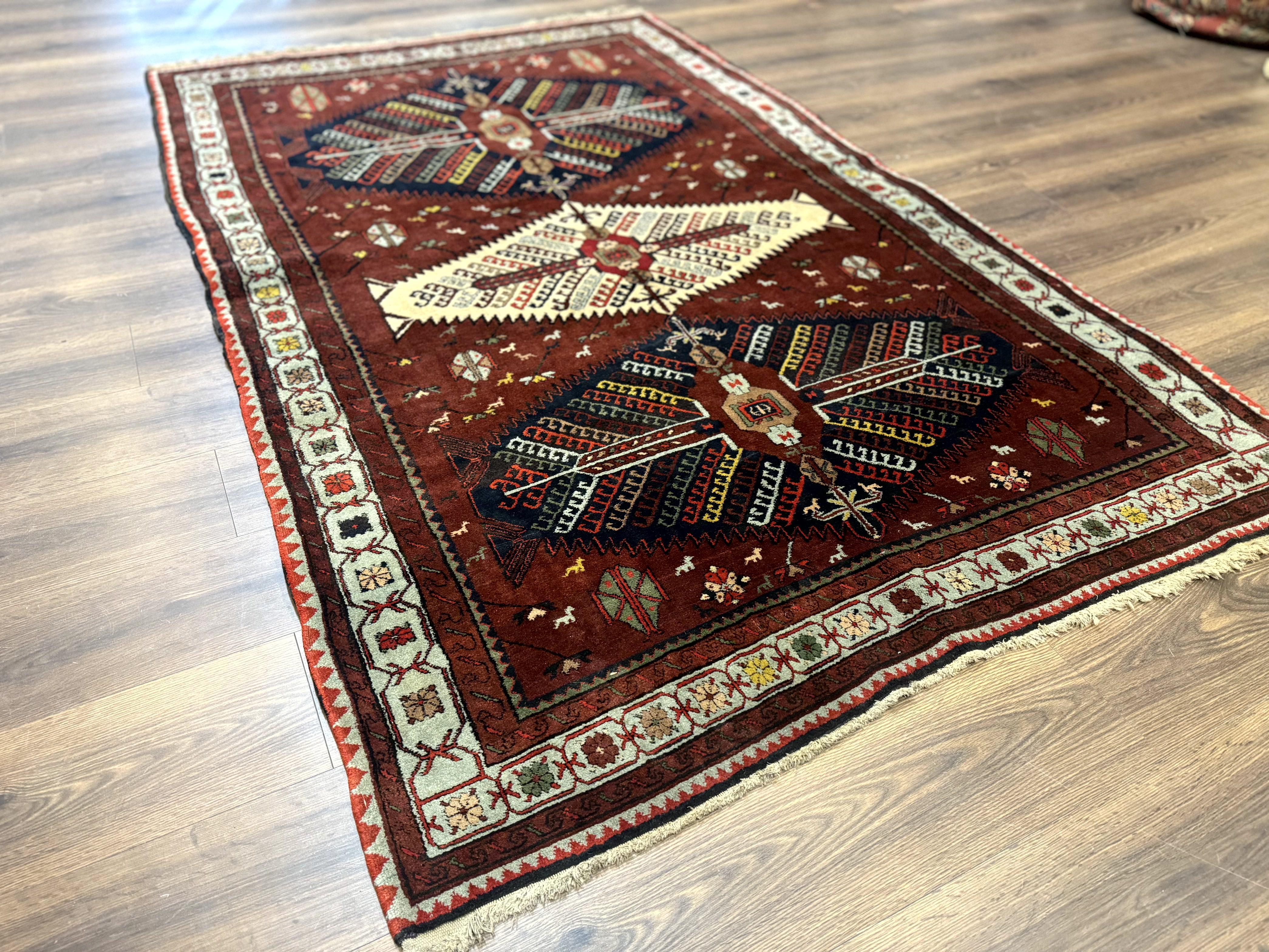 Antique Persian Tribal Rug 5 x 7.8, Triple Medallions, Red, Persian Afshar Rug - Jewel Rugs