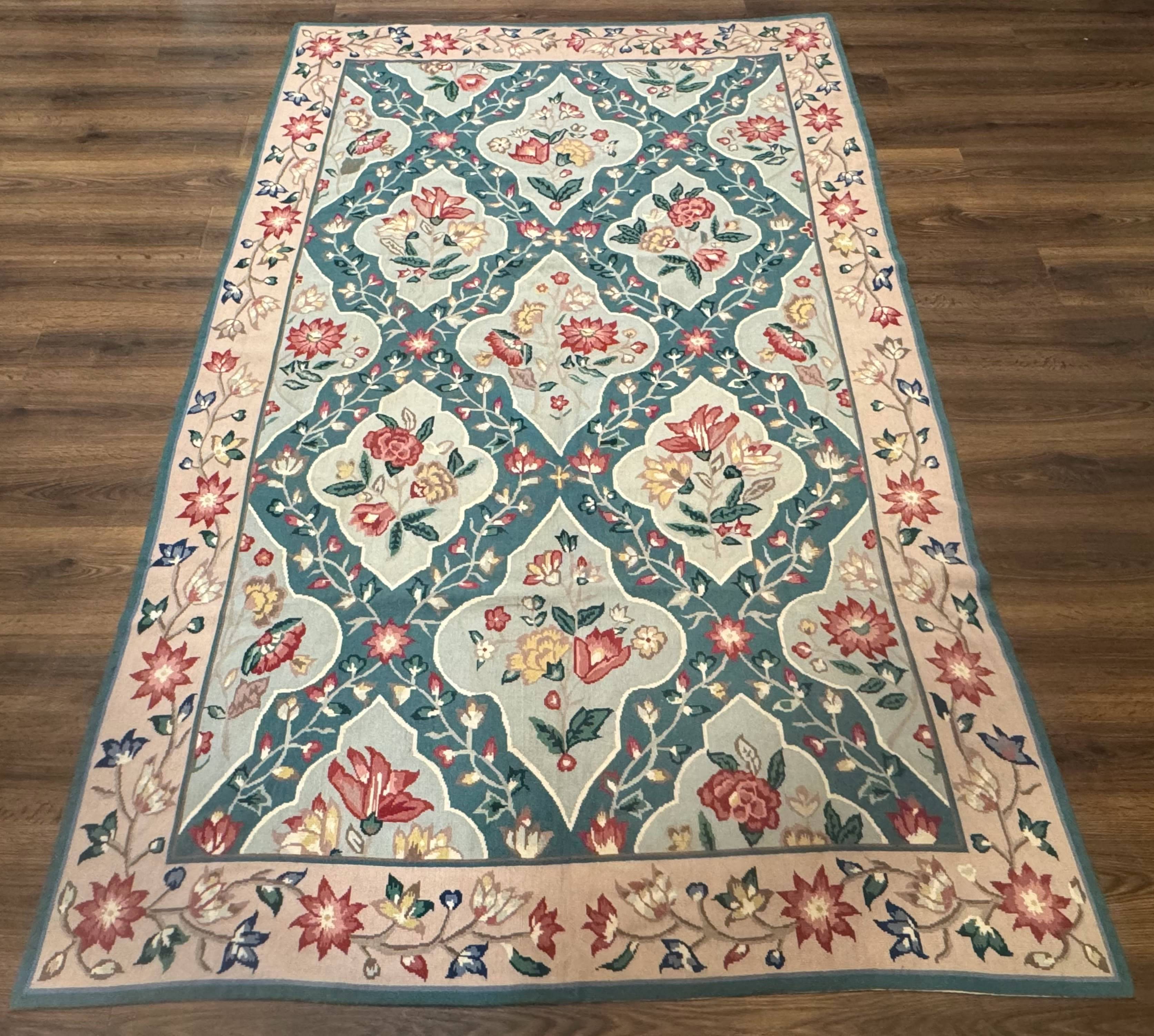 Teal Needlepoint Rug 6x9, Panel Design, Floral Bouquets, Handmade - Jewel Rugs