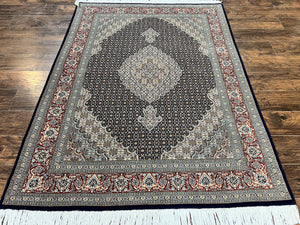 Persian Tabriz Rug 5x7, Wool with Silk Highlights, Hand Knotted Vintage Oriental Carpet, Very Fine, Herati Mahi Pattern, Black, Rare