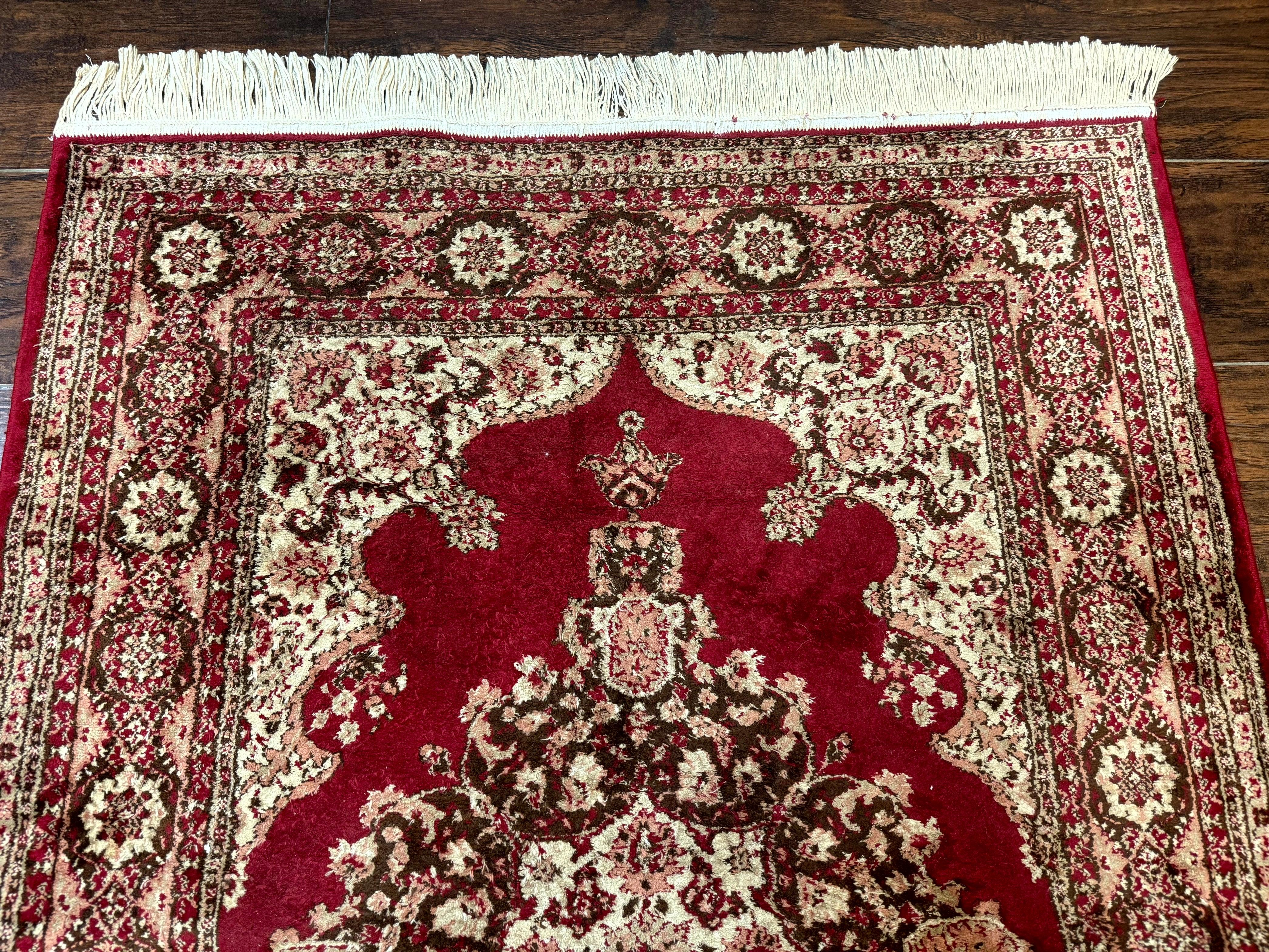 Vintage Art Silk Rug 3x4, Traditional Oriental Persian Design Rug, Belgium Power Loomed Rug, Red and Beige, Semi Open Field Kerman Rug - Jewel Rugs