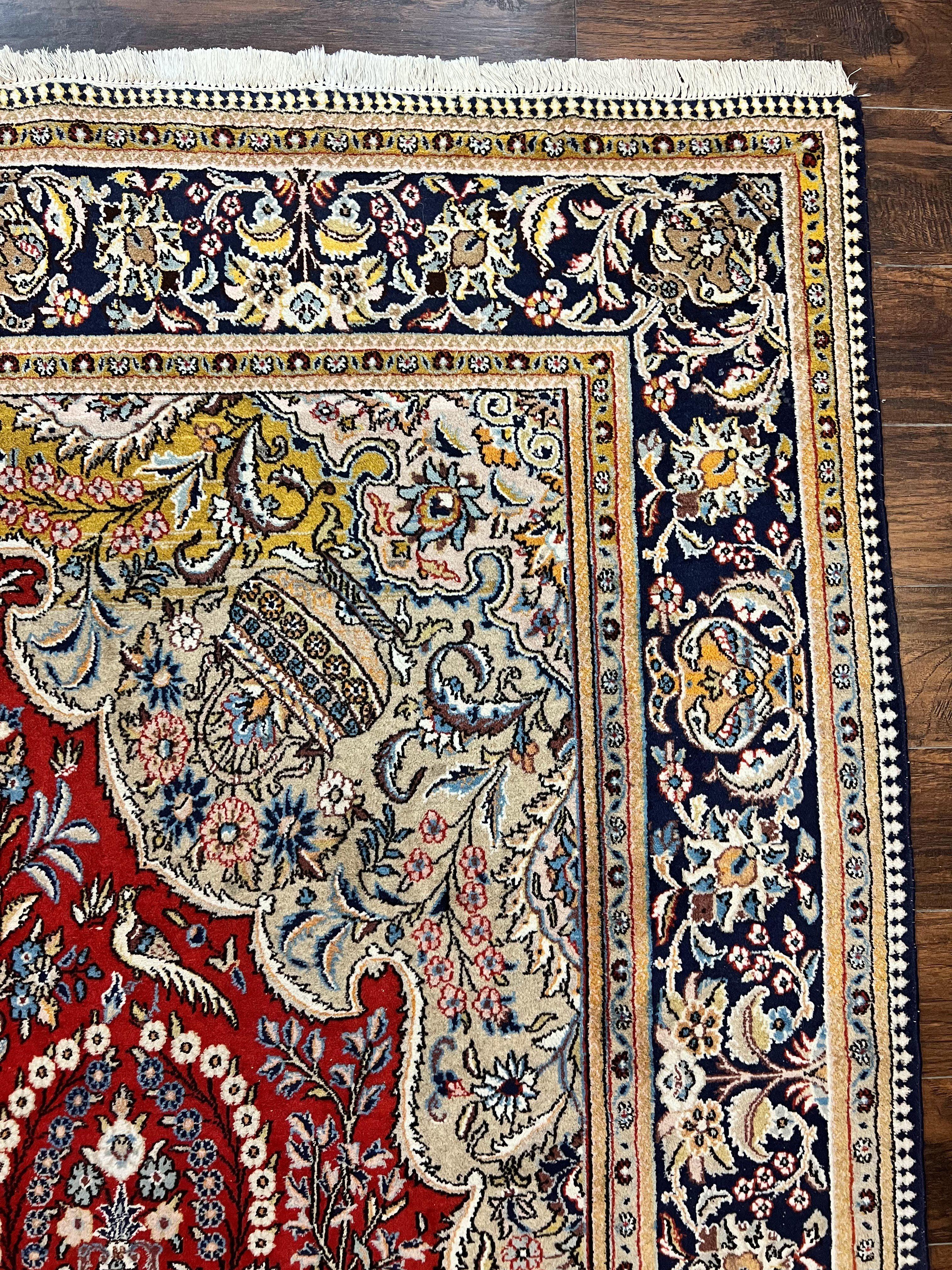 Wonderful Persian Qum Rug 10x14, Wool w/ Silk Highlights, Hand Knotted Semi Antique Vintage Carpet, Red, Floral, Fine Weave, Birds Deer Pictorials - Jewel Rugs