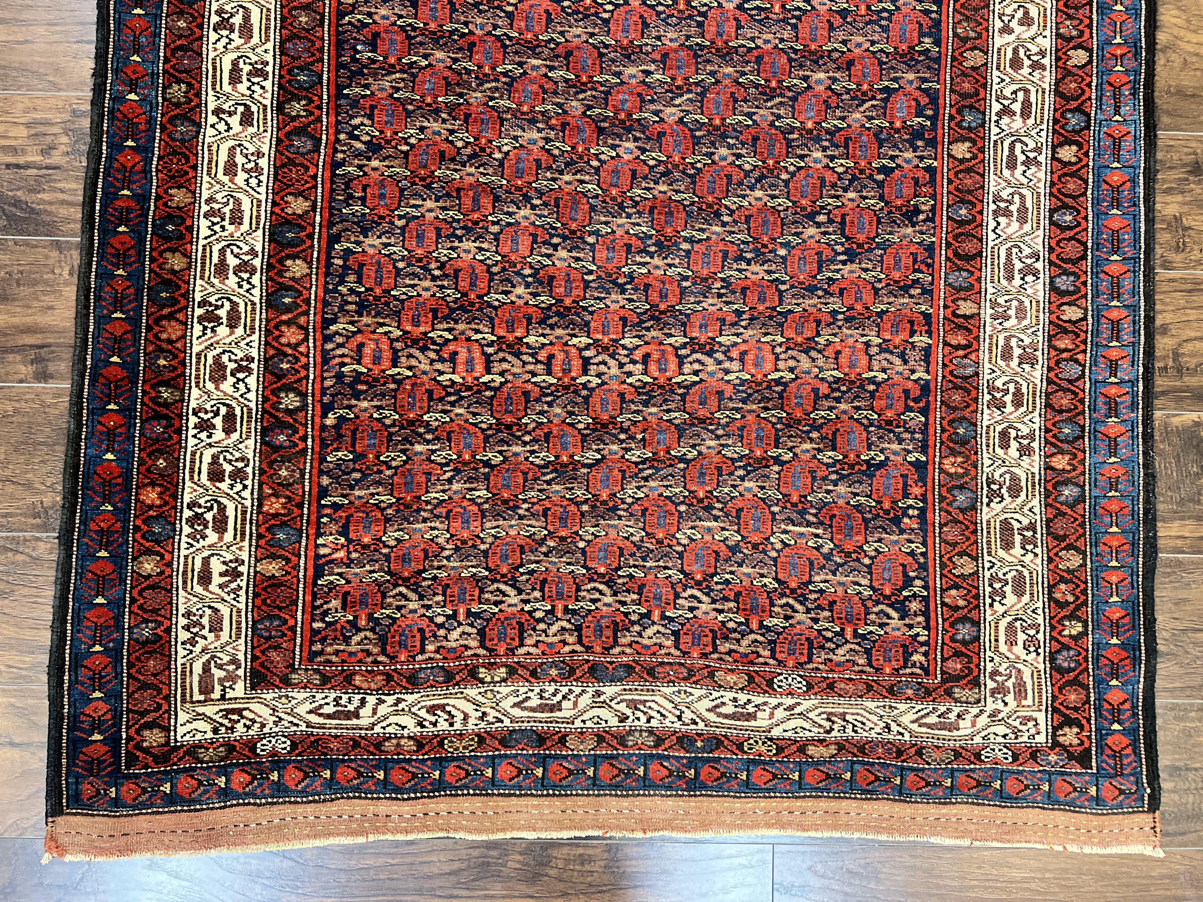 Persian Kurdish Rug 5x6, Wool Hand Knotted Vintage Carpet, Red Blue Cream, Boteh Paisley Pattern, 5 x 6 Medium Sized Oriental Rug - Jewel Rugs