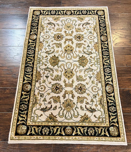 Small Indo Mahal Rug 2.5 x 4, Wool Indian Oriental Carpet, Hand Knotted Handmade Vintage Traditional Rug, Beige Tan Black