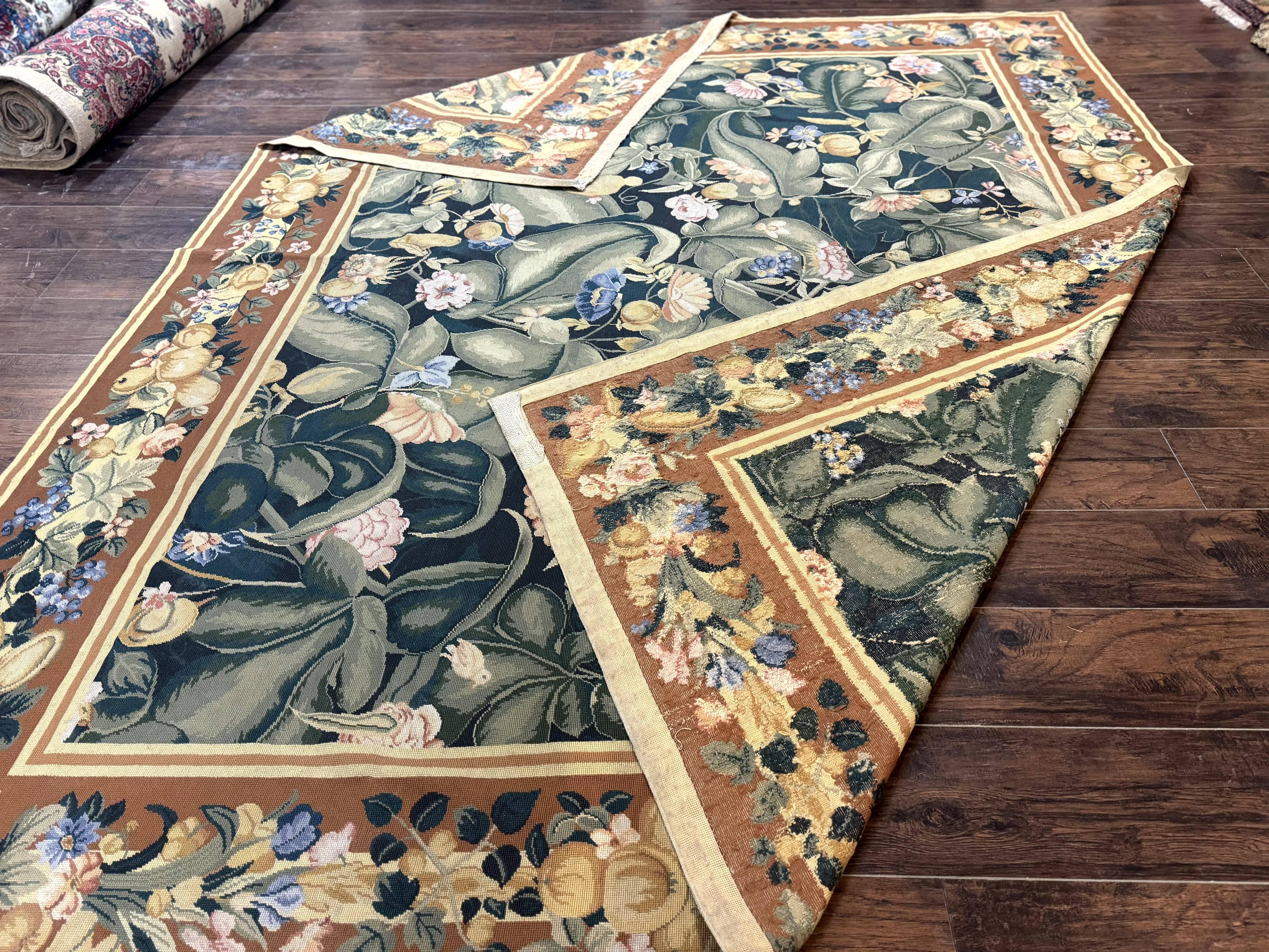 Needlepoint Rug 8x10, Vintage, Handmade, Wool, Green, Leaves & Fruits - Jewel Rugs