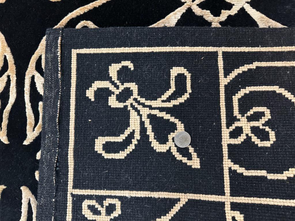 Tibetan Rug 8x10, Wool and Silk, Raised Pattern, Black and Gold, Floral - Jewel Rugs