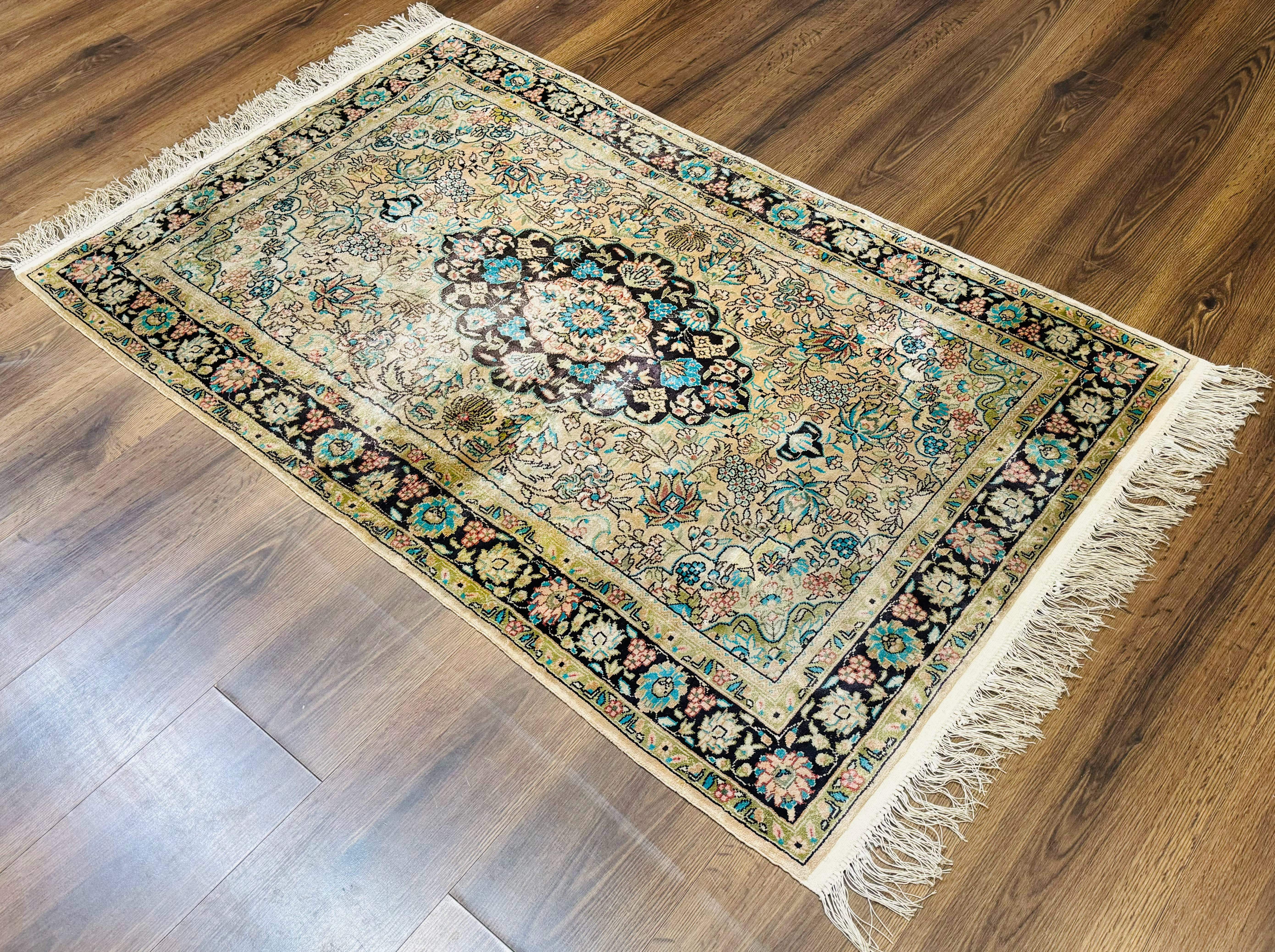 Indian Kashmiri Silk Rug 3x5, Floral Medallion, Fine 200 KPSI - Jewel Rugs