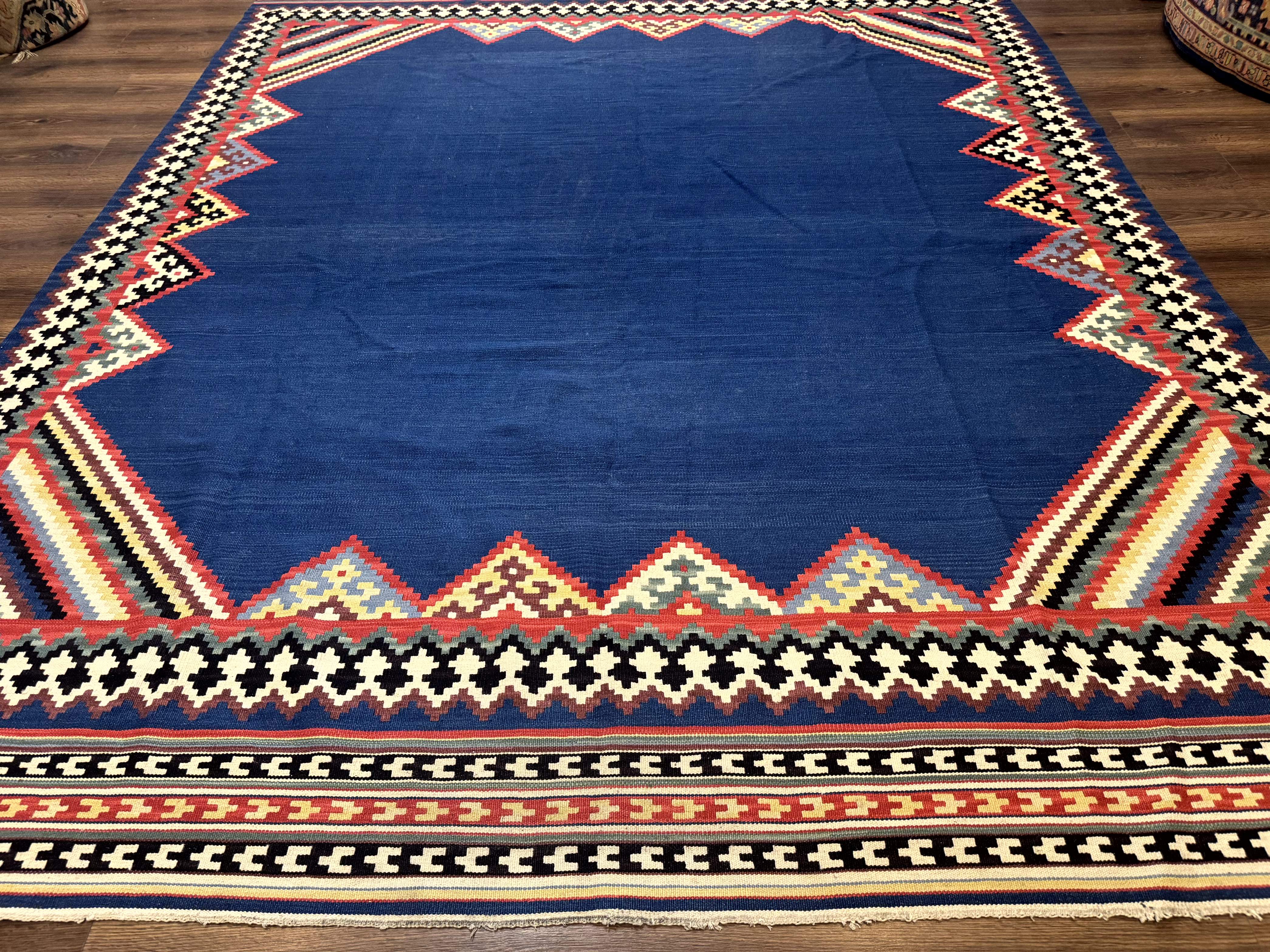 Persian Shiraz Tribal Kilim Rug 8x10, Large Blue Open Field, Bohemian, Colorful - Jewel Rugs