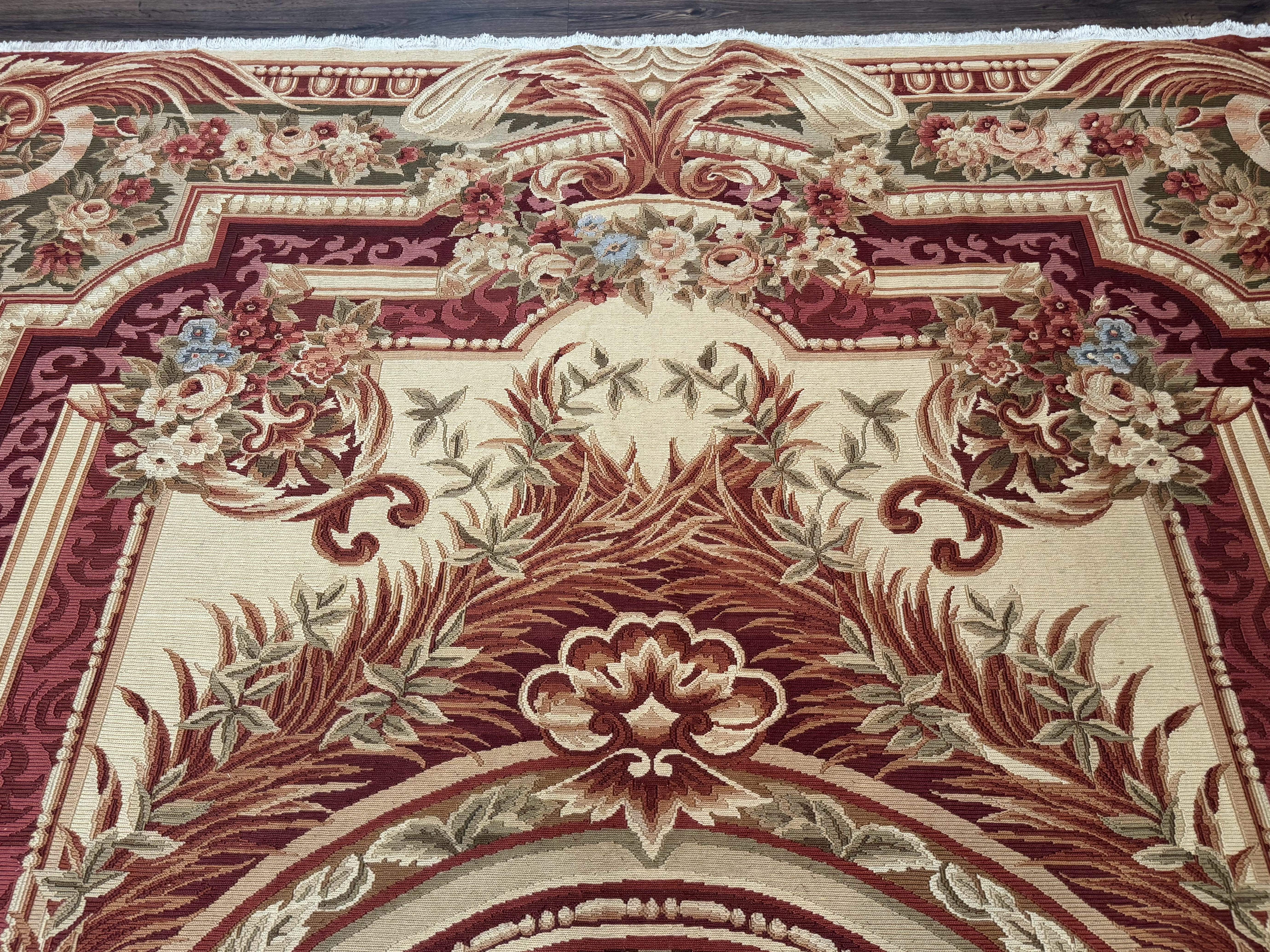 Large Aubusson Rug 10x13, Thick Flatweave Carpet, Elegant European Design, Cream and Raspberry - Jewel Rugs