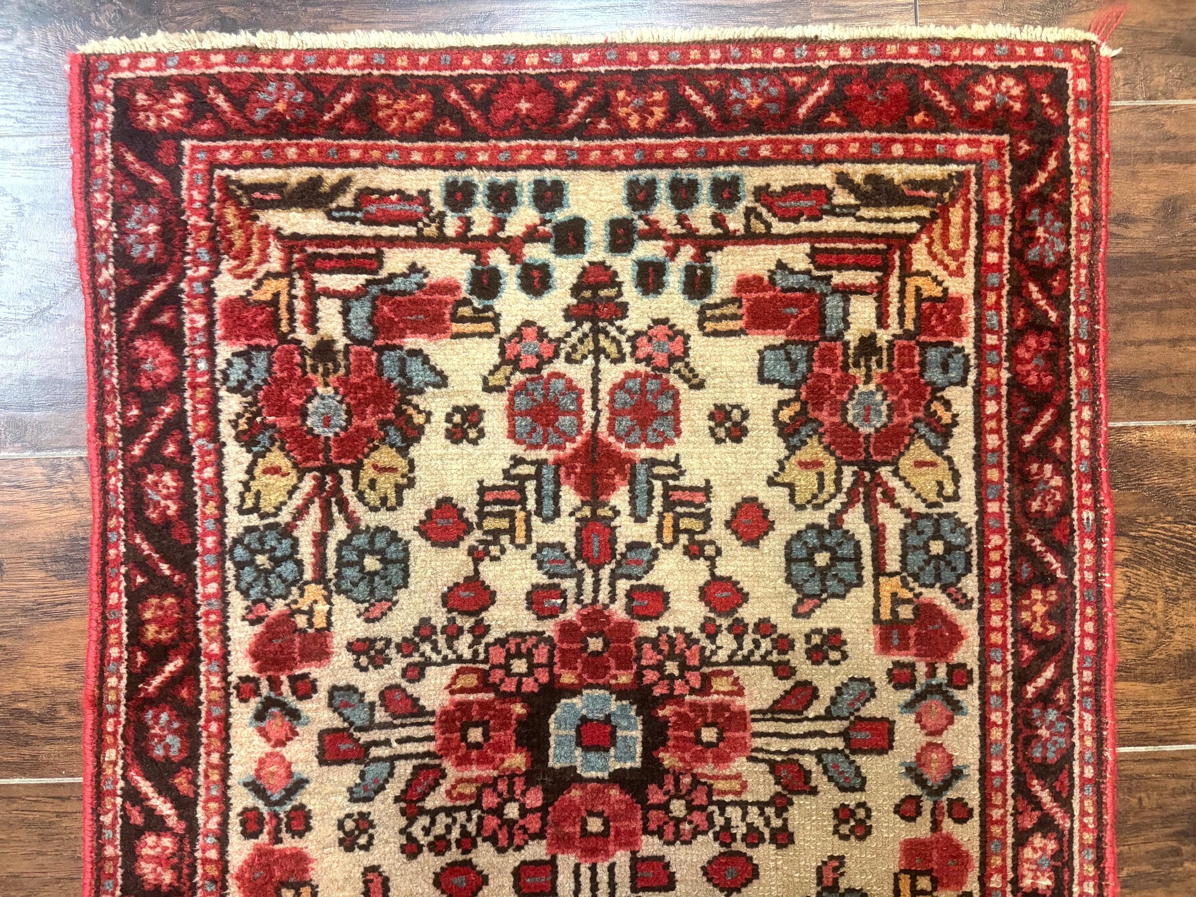 Small Antique Persian Rug 2x3, Beige and Red, Floral, Wool, Hamadan Rug - Jewel Rugs