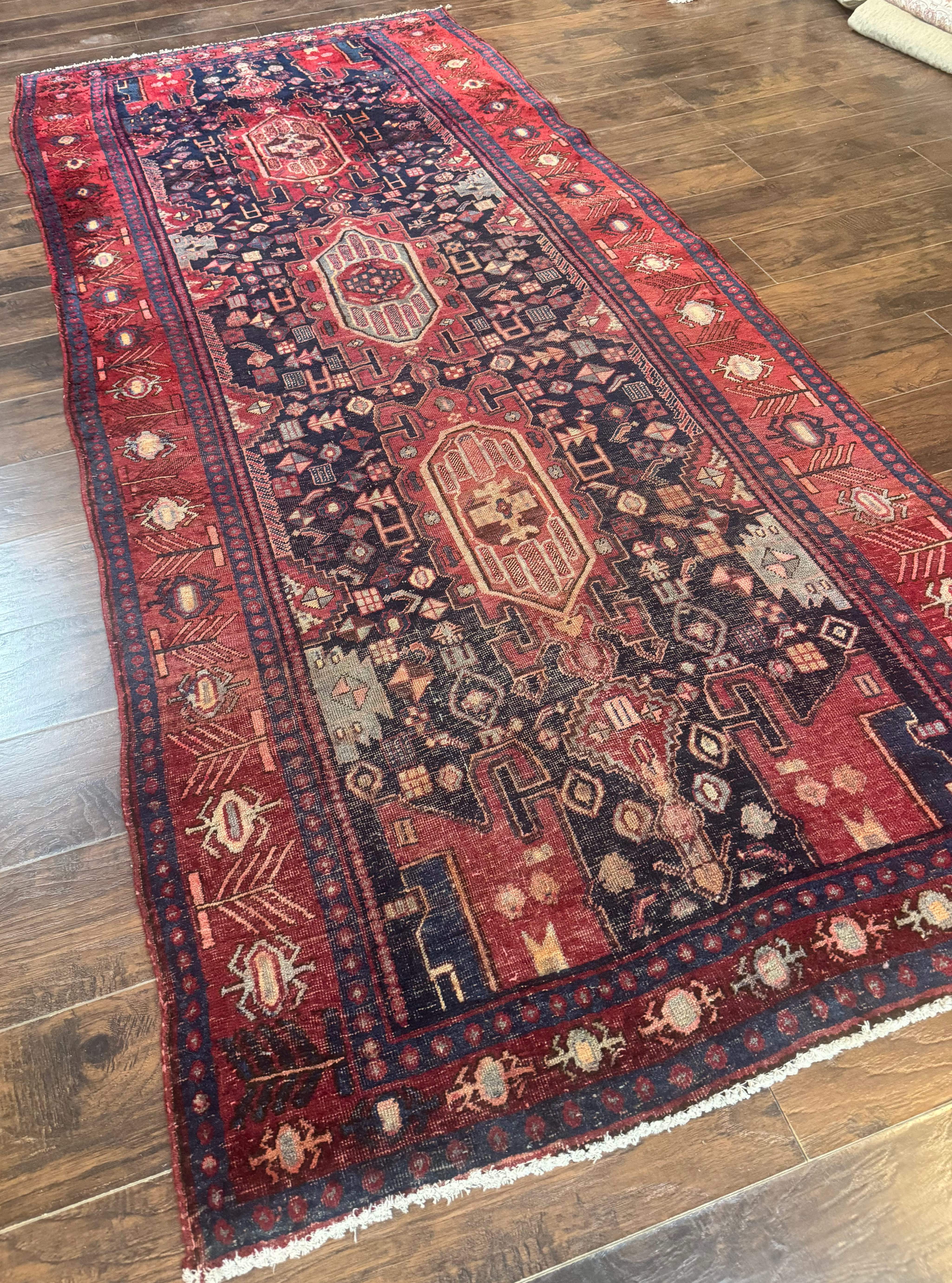 Persian Kurdish Bidjar Runner Rug 4x10 – Navy and Red, Wool Antique Tribal Carpet - Jewel Rugs